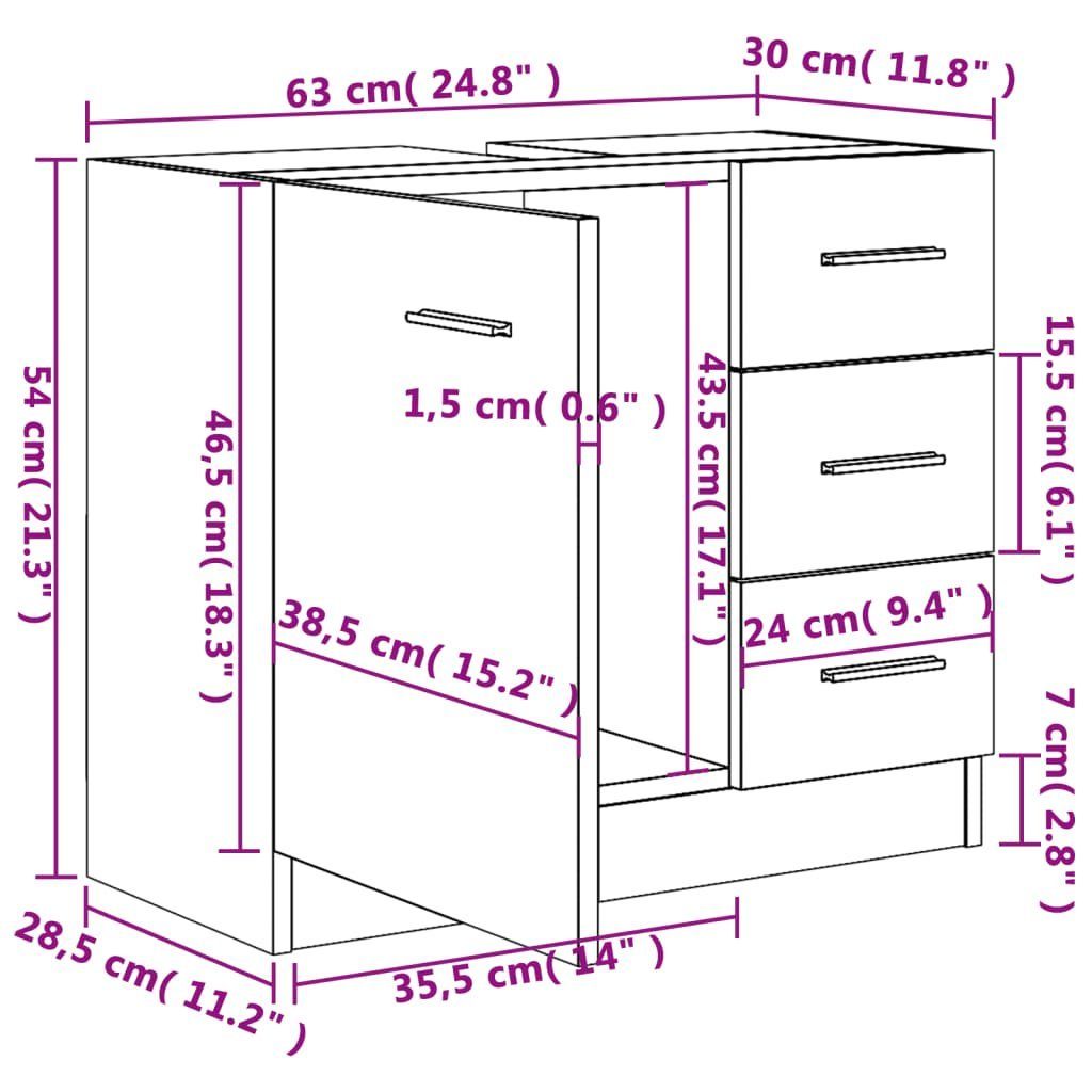 vidaXL Badezimmer-Set Waschbeckenunterschrank cm 63x30x54 Schwarz (1-St) Holzwerkstoff