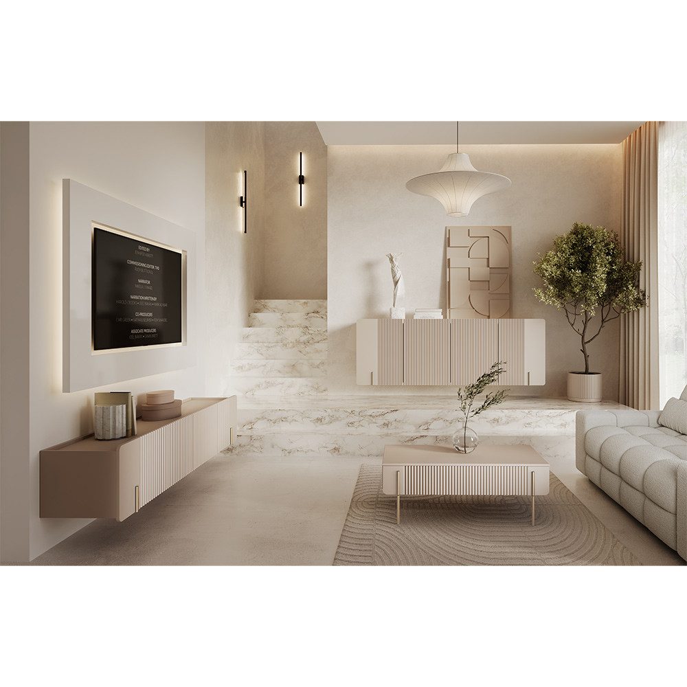 Lomadox Wohnzimmer-Set MEAFORD-141, (Mega-Spar-Set, 3-St., Lowboard Couchtisch Kommode), Kaschmir mit goldfarbenen Akzenten, Rillenfront, griffloses Design