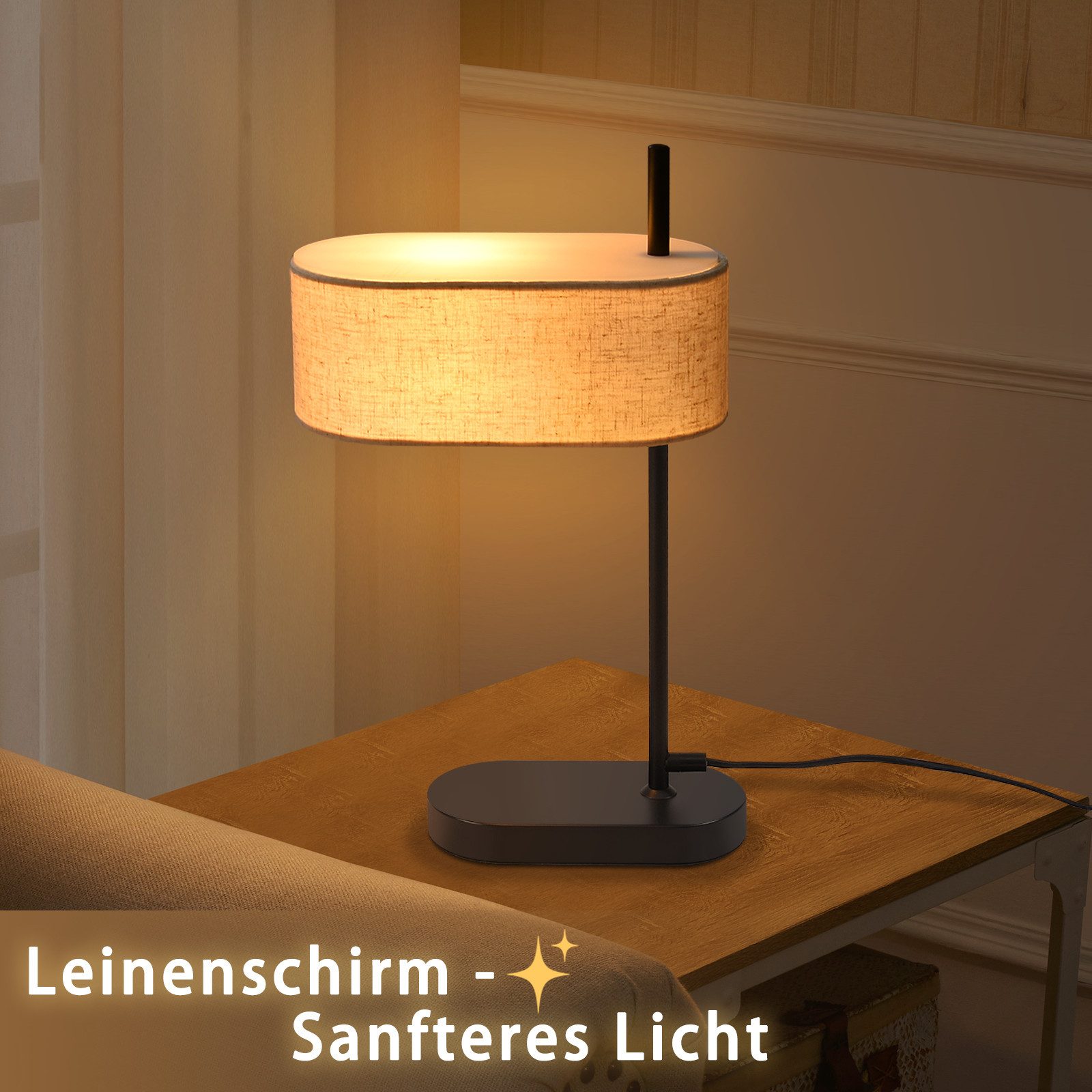 ZMH Tischleuchte Wohnzimmer 44.5cm E14 Schwarz Nachttischlampe Leinen Stoffschirm, Hochwertige Design, ohne Leuchtmittel, mit Schalter Kabel und Stecker Retro Wohnzimmerlampe
