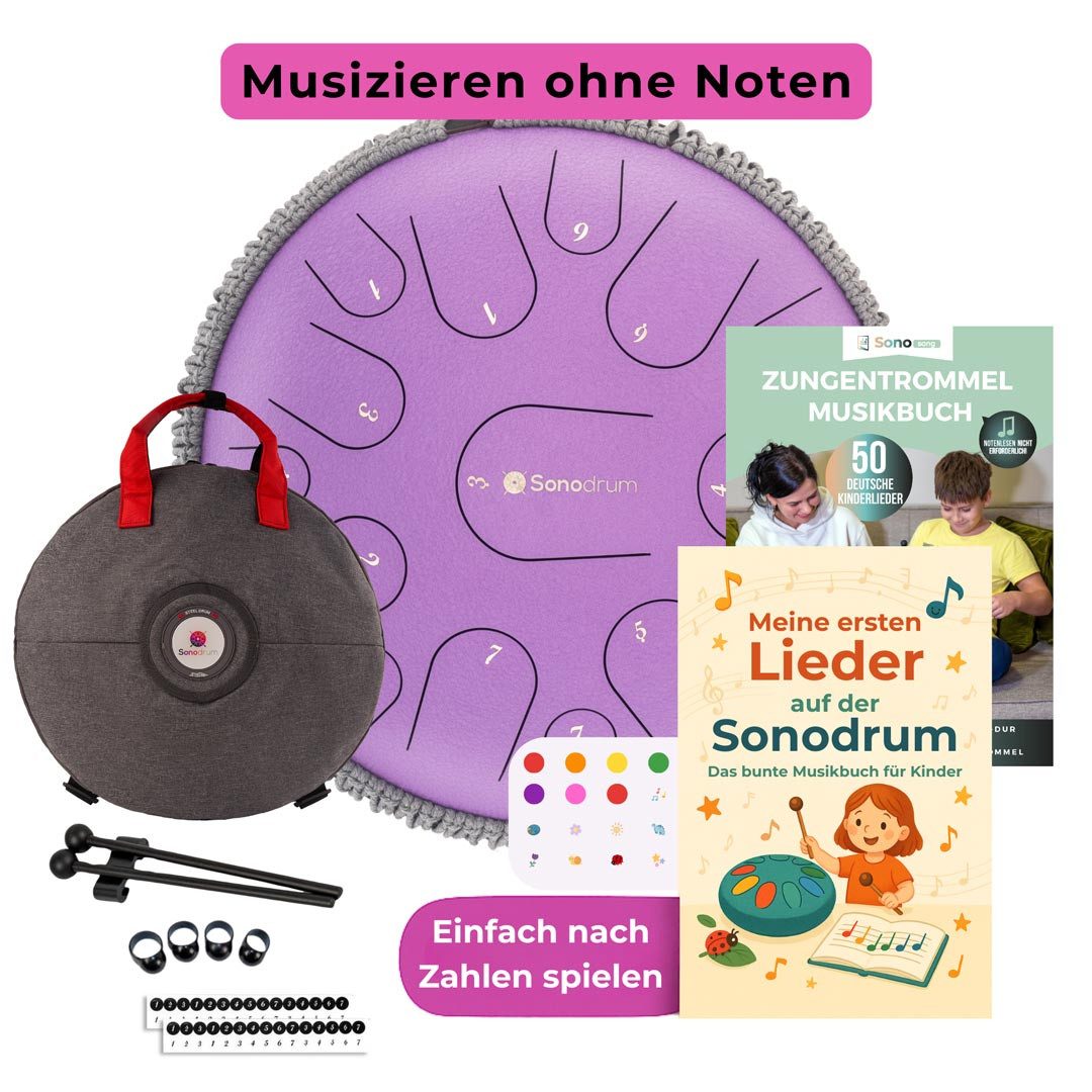 Sonodrum Steel Tongue Drum Premium, Kinder Starter-Set,Kinder Starter-Set, inkl. 2 Kinder-Liederbücher, Bunte Sticker und Tragetasche
