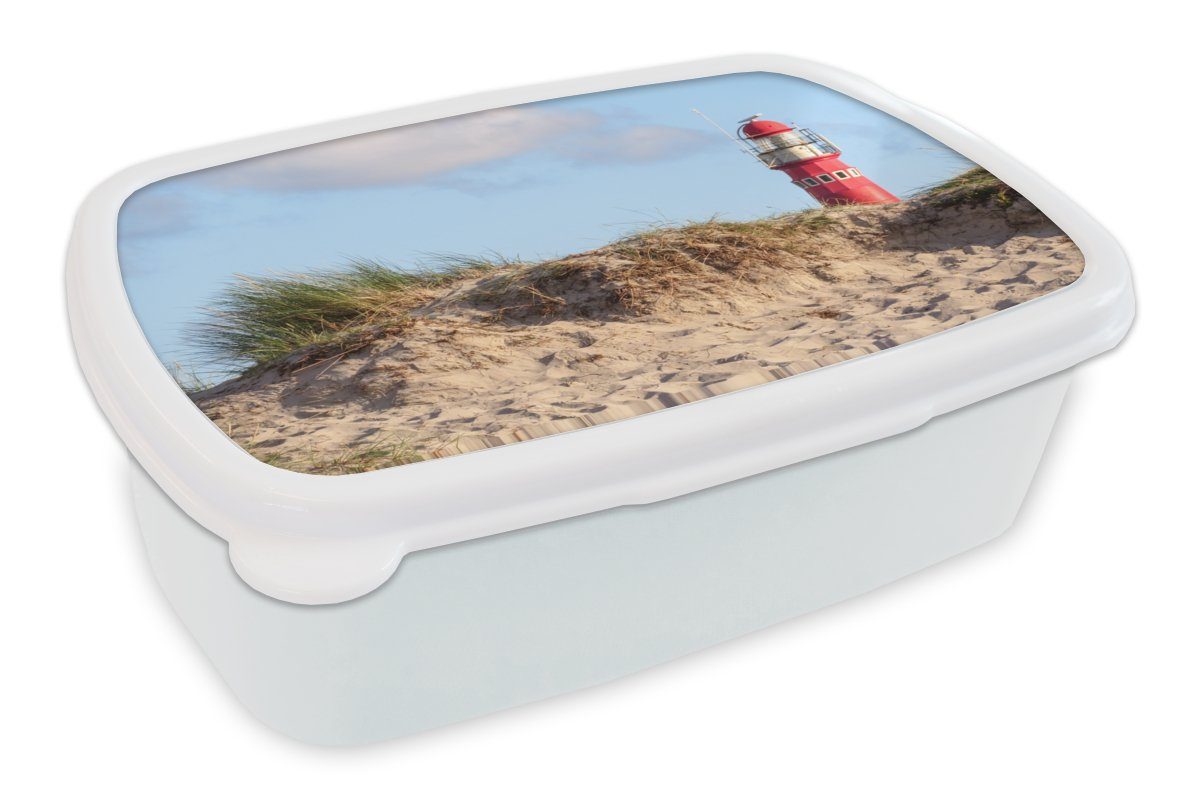 MuchoWow Lunchbox Strand - Leuchtturm - Düne, Kunststoff, (2-tlg), Brotbox für Kinder und Erwachsene, Brotdose, für Jungs und Mädchen weiß