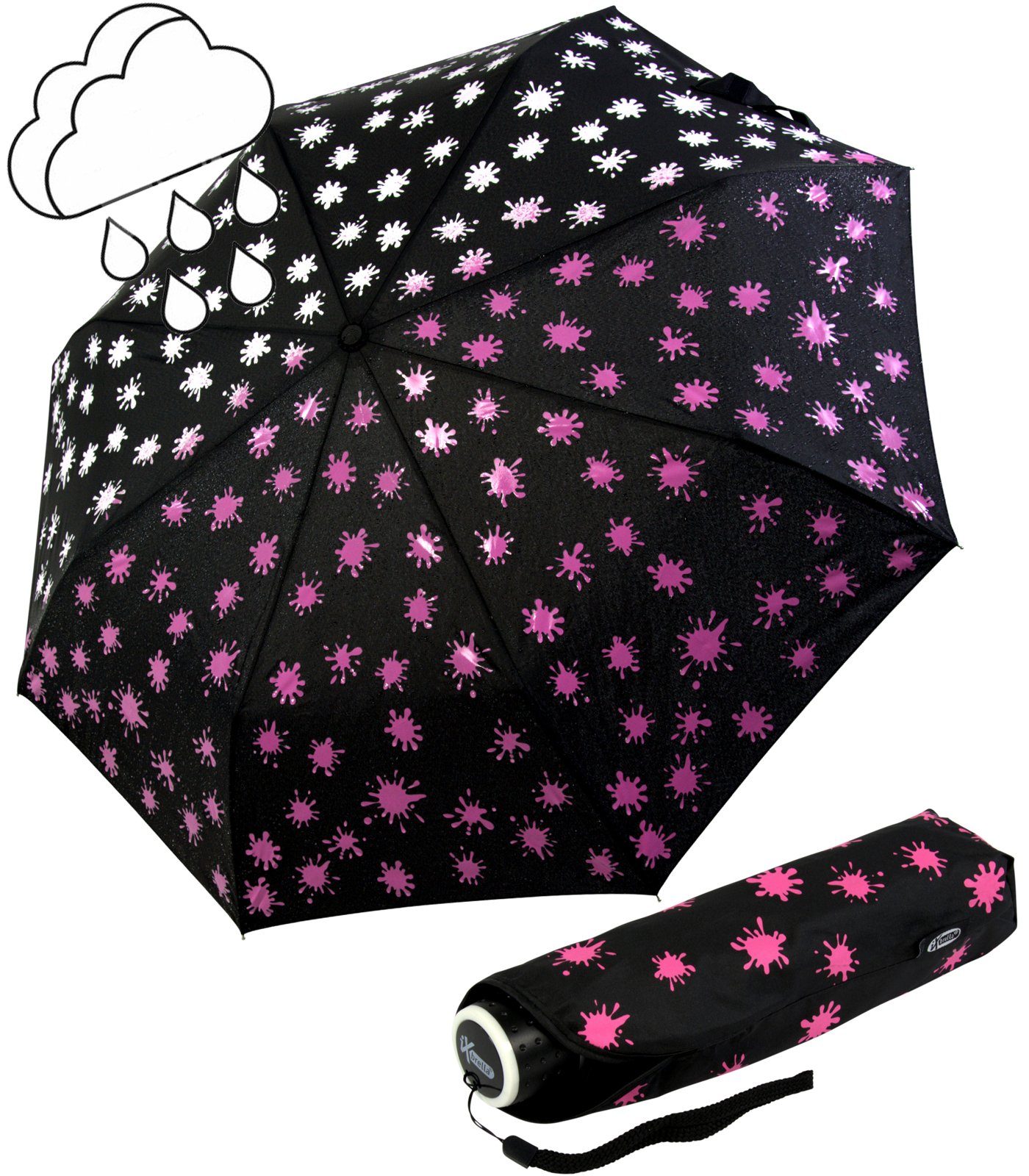 iX-brella Taschenregenschirm Mini Ultra Light - mit großem Dach - extra leicht, Farbänderung bei Nässe - Farbkleckse neon-pink schwarz-weiß-neonpink