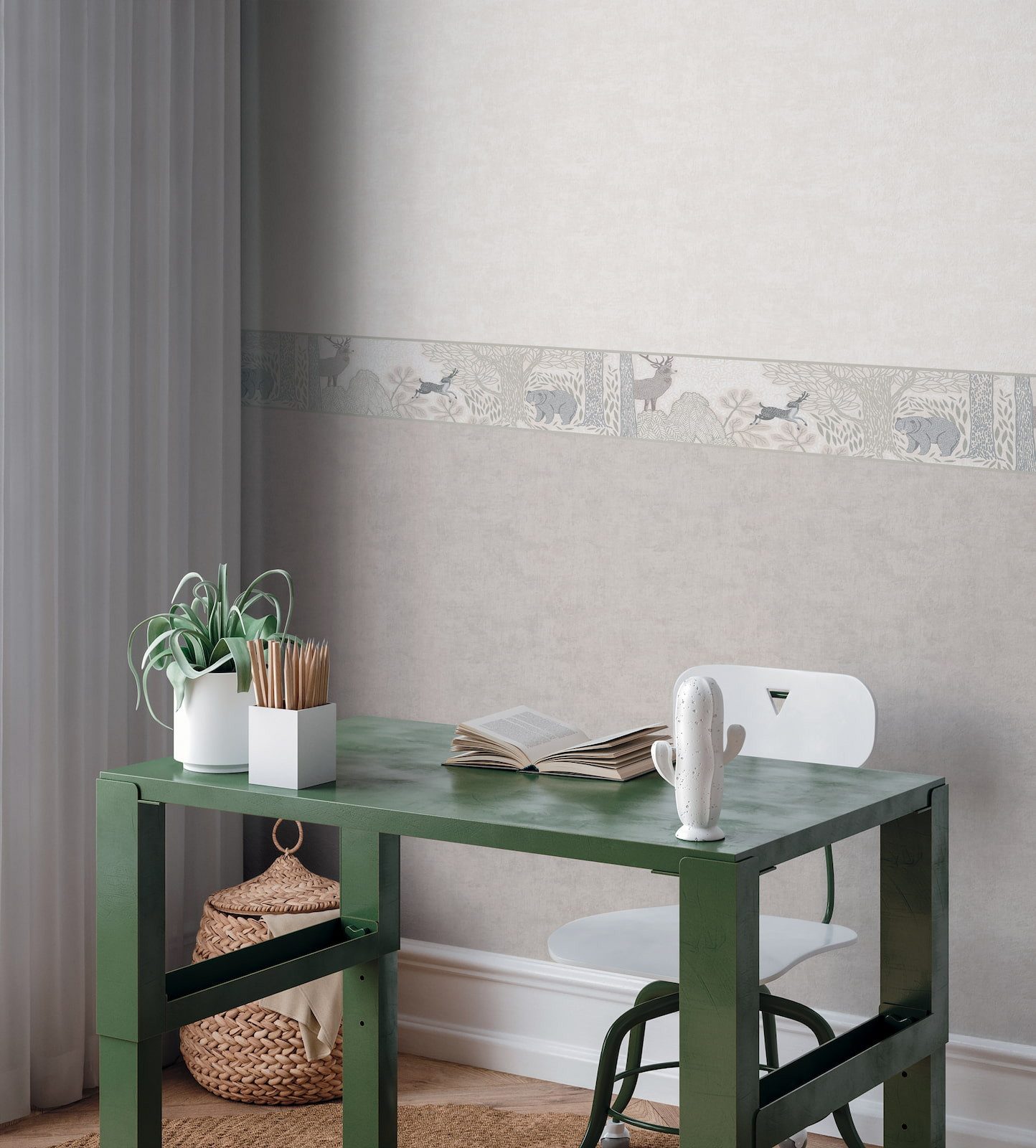 A.S. Création Bordüre Bär Hirsch Blätter Wald Natur Creme Grau 77175-2