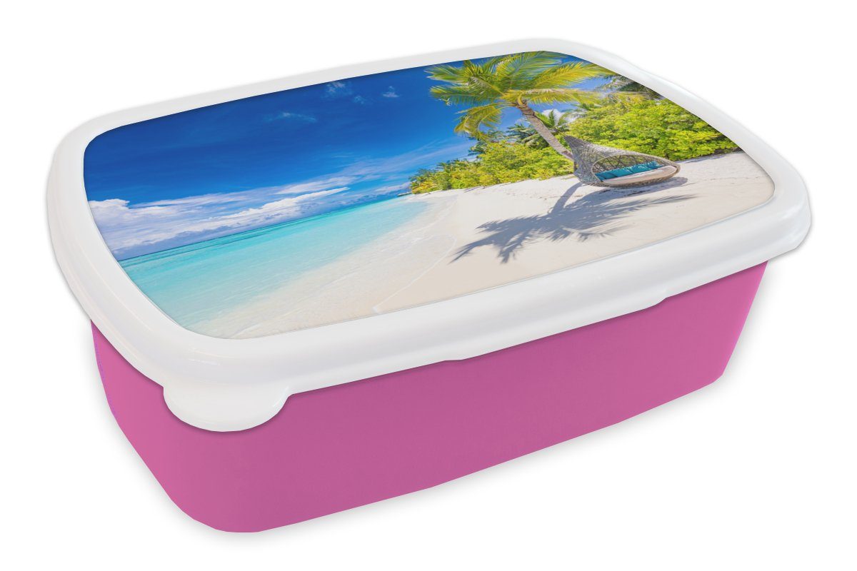 MuchoWow Lunchbox Strand - Palme - Hängesessel, Kunststoff, (2-tlg), Brotbox für Erwachsene, Brotdose Kinder, Snackbox, Mädchen, Kunststoff rosa