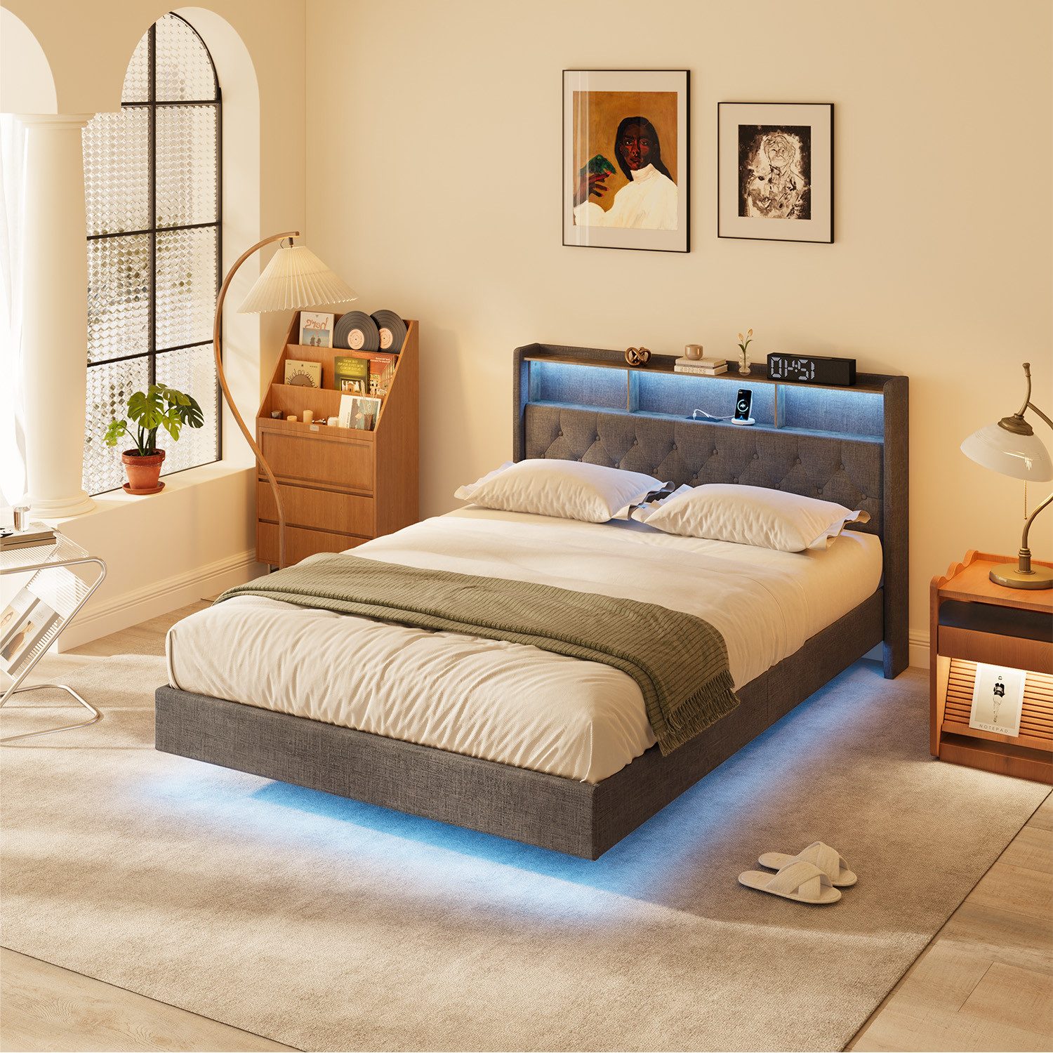 Bealife Polsterbett lsterbett Einzelbett,Bettgestell mit Kopfteil, Lichtleiste (mit LED-Beleuchtung und Ladestation), Verdeckte Fußgestelle