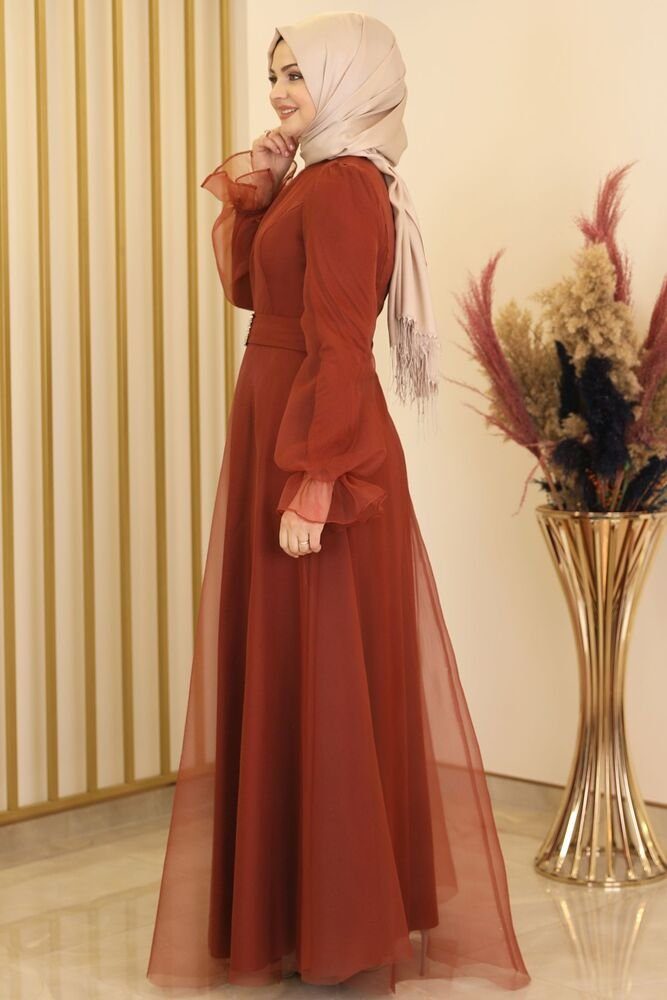 Damen Abaya mit Kleid Modavitrini langärmliges Gürtel Maxikleid Hijab Abendkleid Mode Kupfer Abiye