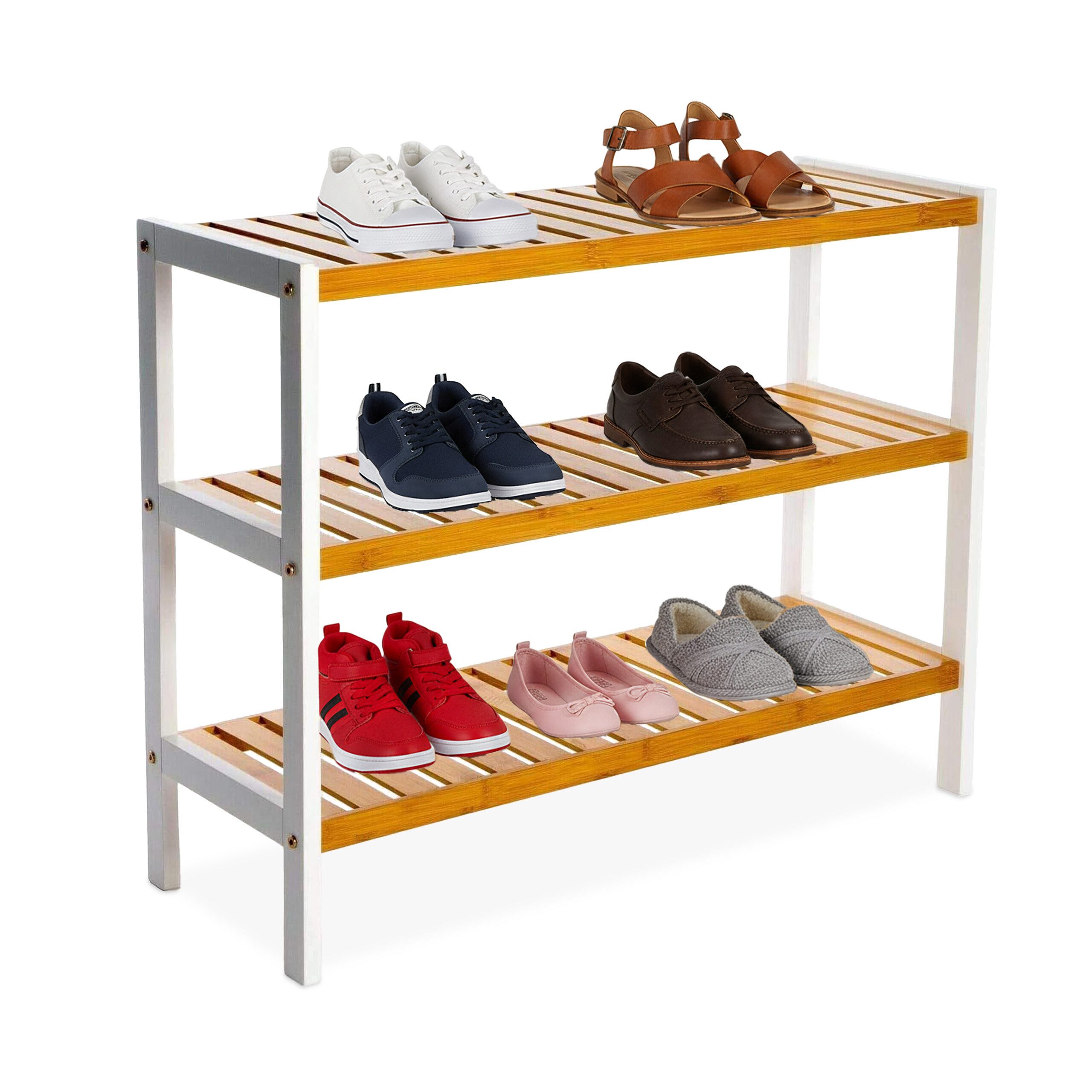relaxdays Schuhregal aus Bambus, 1-tlg., Natur-Weiß, 3 Ablagen