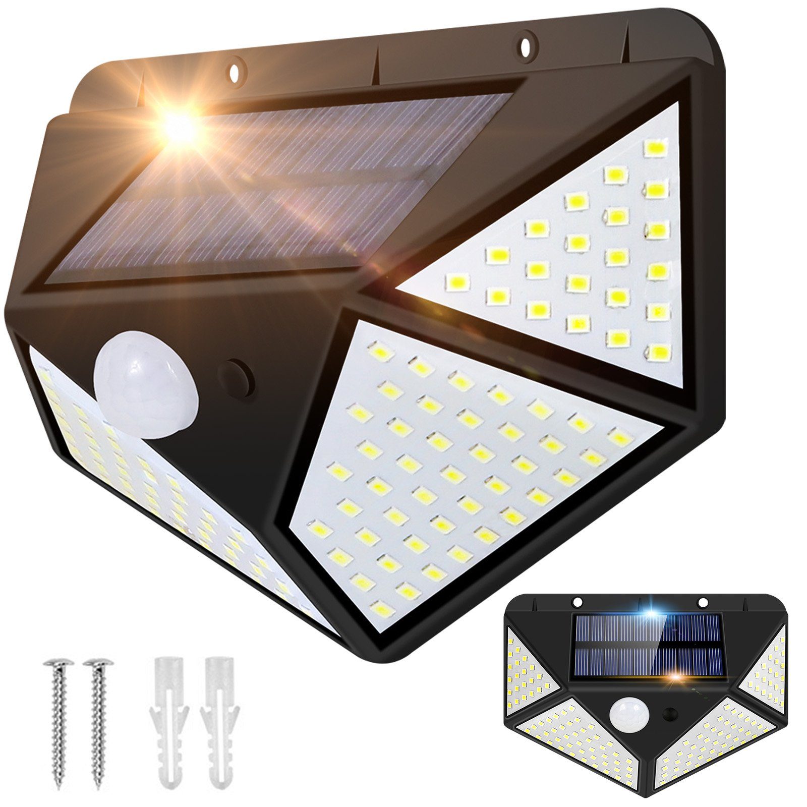 MUPOO LED Außen-Wandleuchte 128/170LED Solarleuchte Wandleuchte Sicherheitsleuchten Außen, IP65 wasserdicht 4-seitiger Weitwinkel 128LEDs, Drahtlose leuchten IP65 Wasser,Außen Veranda Garten Haustür Hof