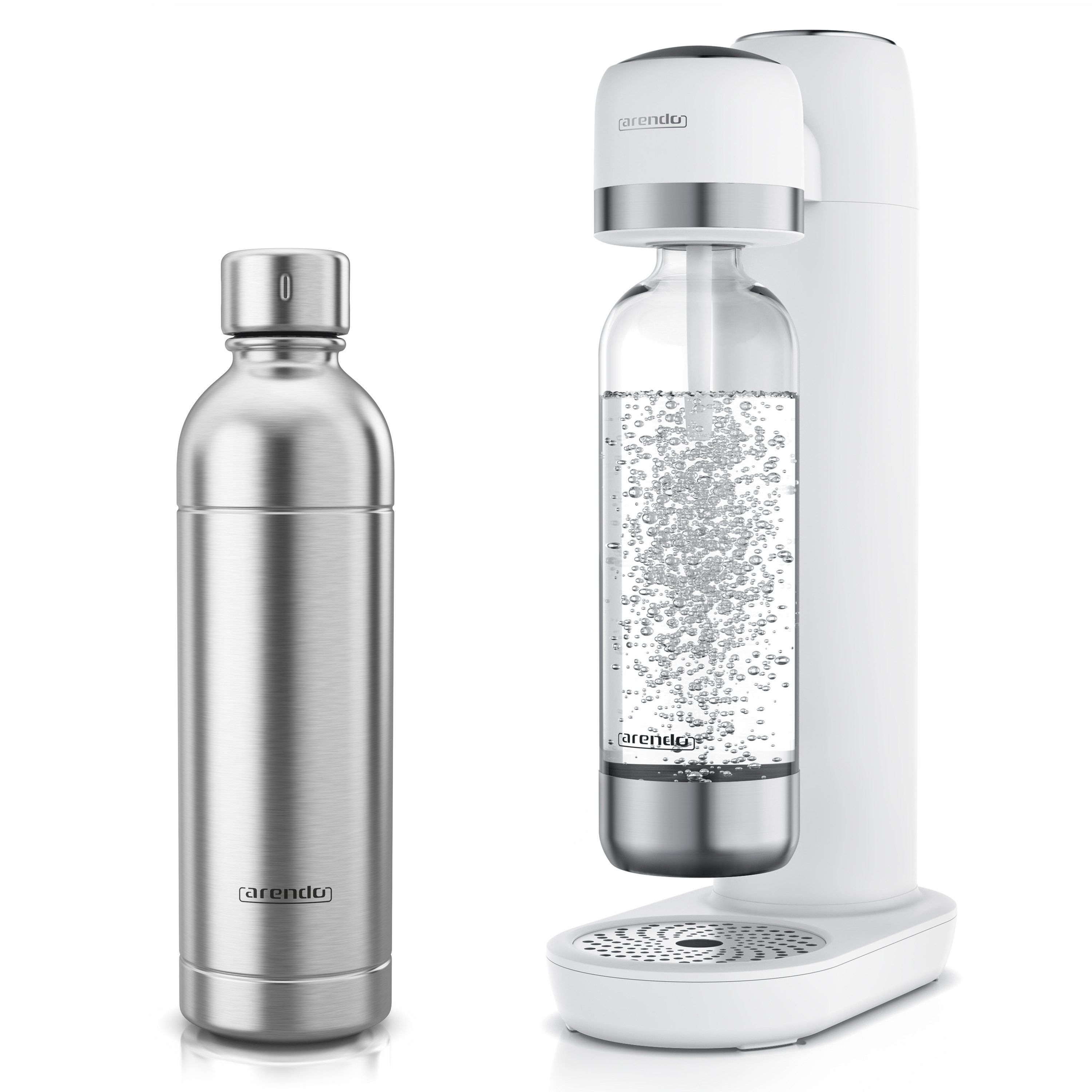 Arendo Wassersprudler Wassersprudler Set + 1 Edelstahlflasche 1L weiß, (Set, 2-tlg., Soda Maker, PET-Flasche), Soda Streamer mit Wasserflasche, BPA-frei, fein dosierbar, Carbonator