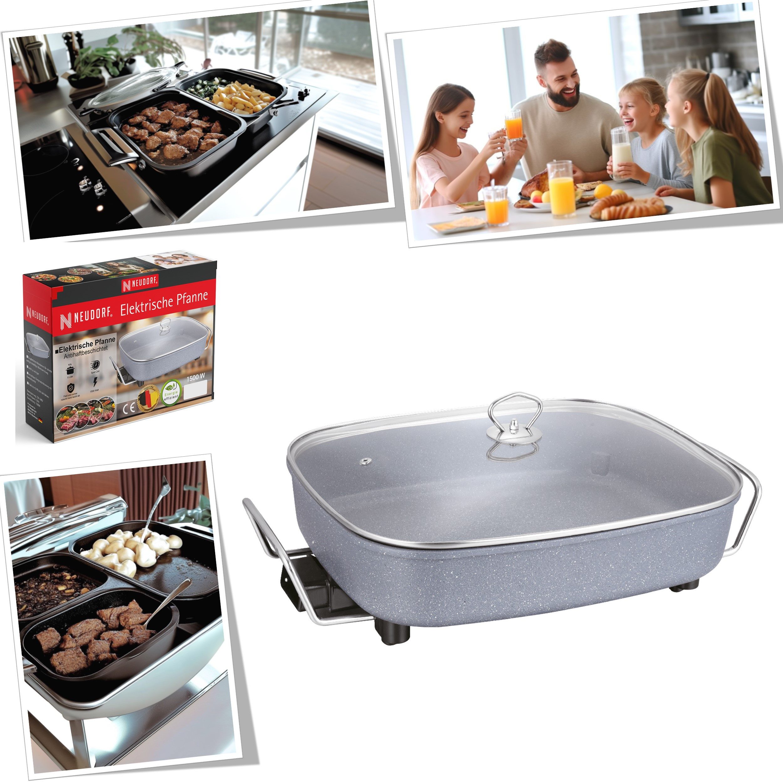 Neudorf Elektrische Partypfanne FamilyPan 8L – Viel Platz für Pfannengerichte & Eintöpfe Wurst uvm., 1500 W, Große Bratfläche, schnelles Aufheizen, stufenlose Temperaturregelung