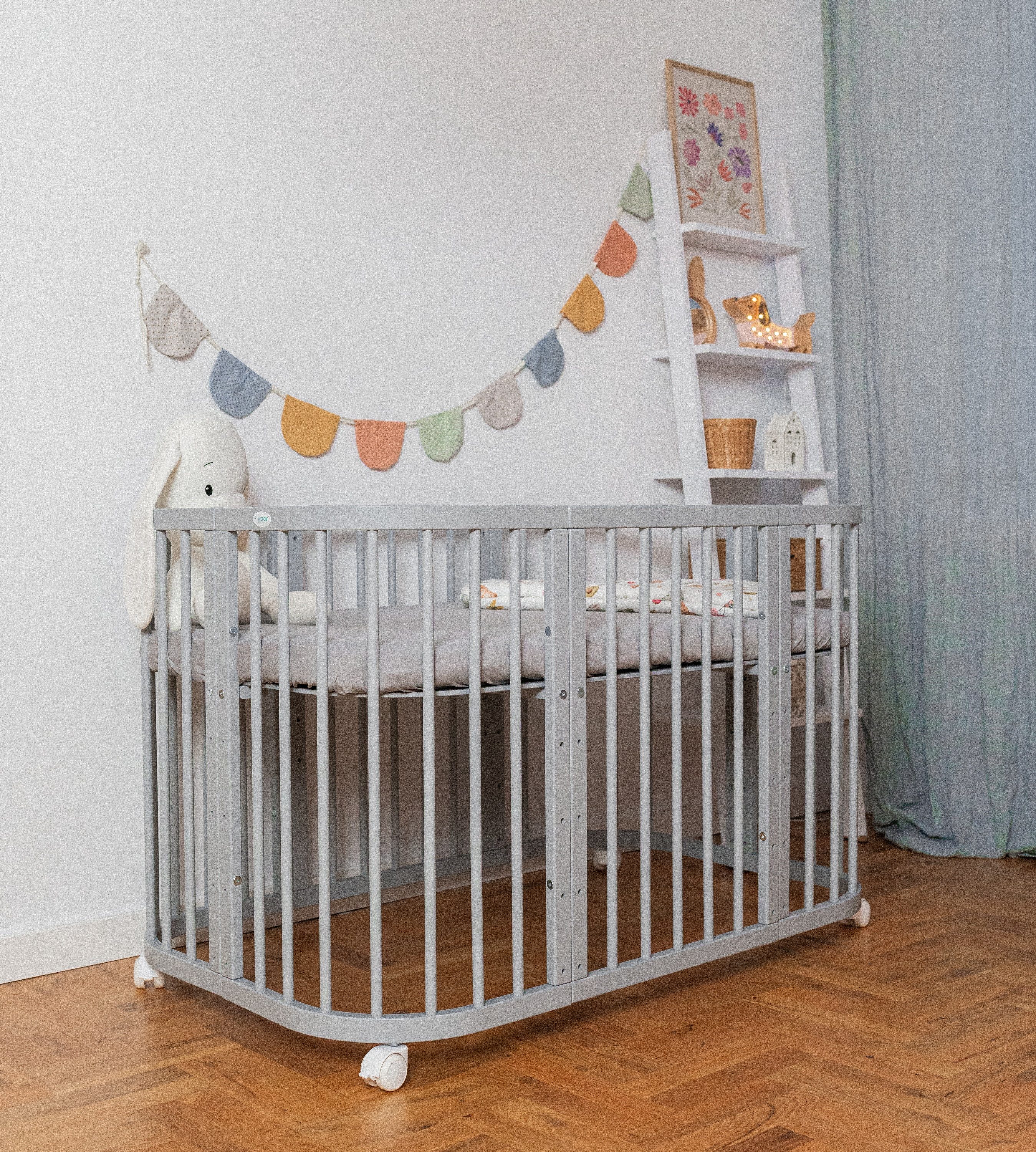 Waldin Babybett Mobiles Babybett aus Holz 7in1 mit Matratze, mitwachsend