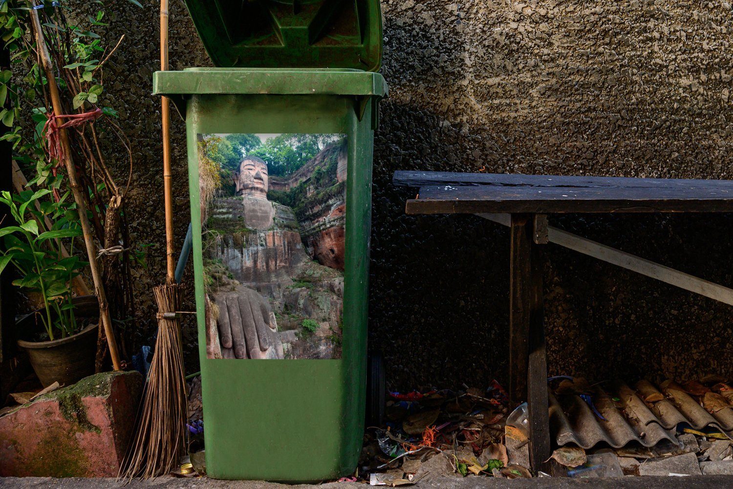 Große (1 Mülleimer-aufkleber, Buddha Container, Der Leshan Wandsticker Sticker, in Mülltonne, Abfalbehälter St), alte MuchoWow China von
