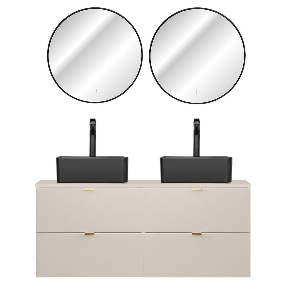 Lomadox Badmöbel-Set DURANGO-56, (Spar-Set, 3-St., LED-Spiegel Doppelwaschtisch), 120cm Waschtisch, kaschmir, verschiedene Grifffarben, LED-Spiegel