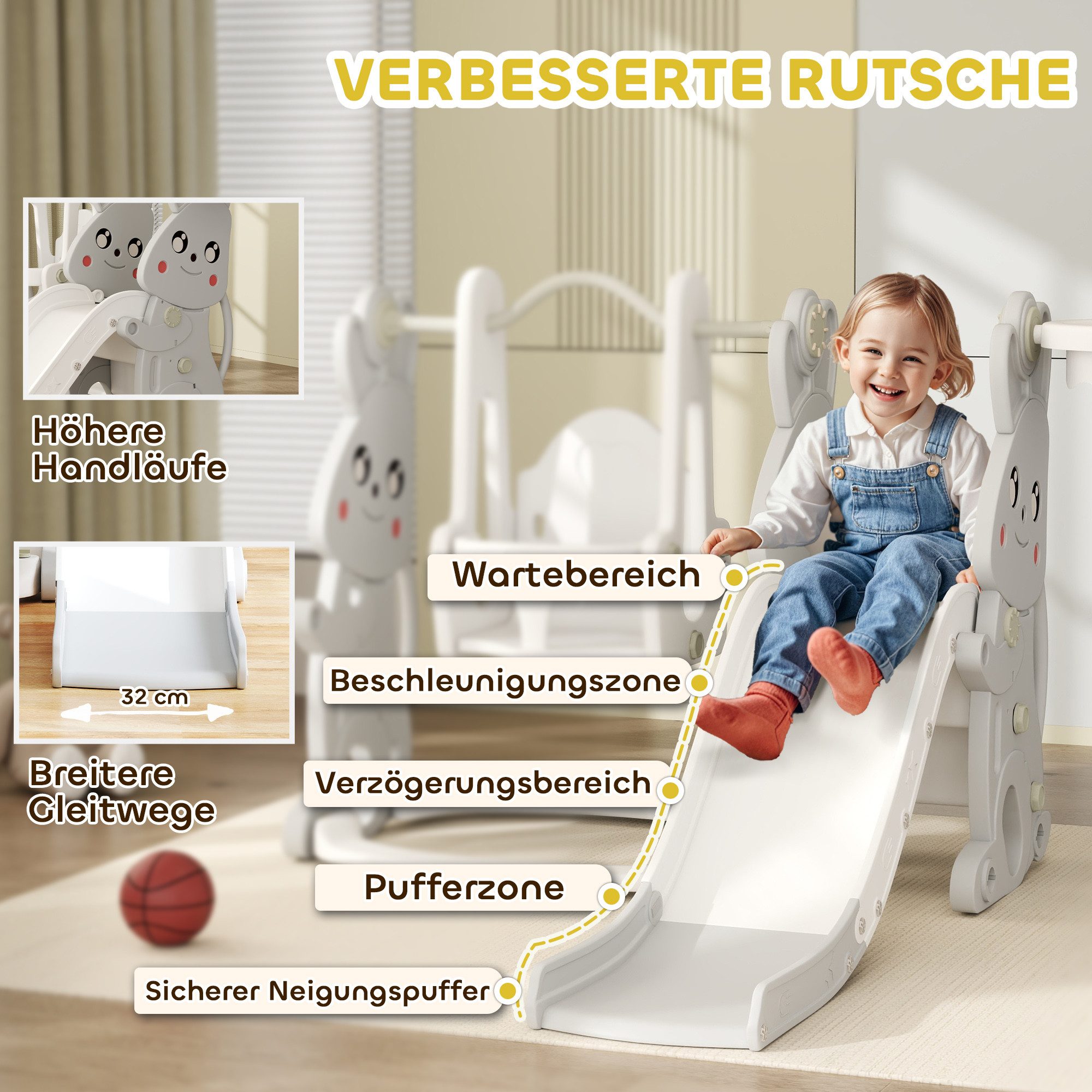 AIYAPLAY Rutsche 4-in-1 Kinderrutsche mit Schaukel Klettergerüst Basketballkorb, (Kleinkinderrutsche, 1-tlg., Kinder Spielplatz), für Indoor und Outdoor, Grau – Bild 5 von 5