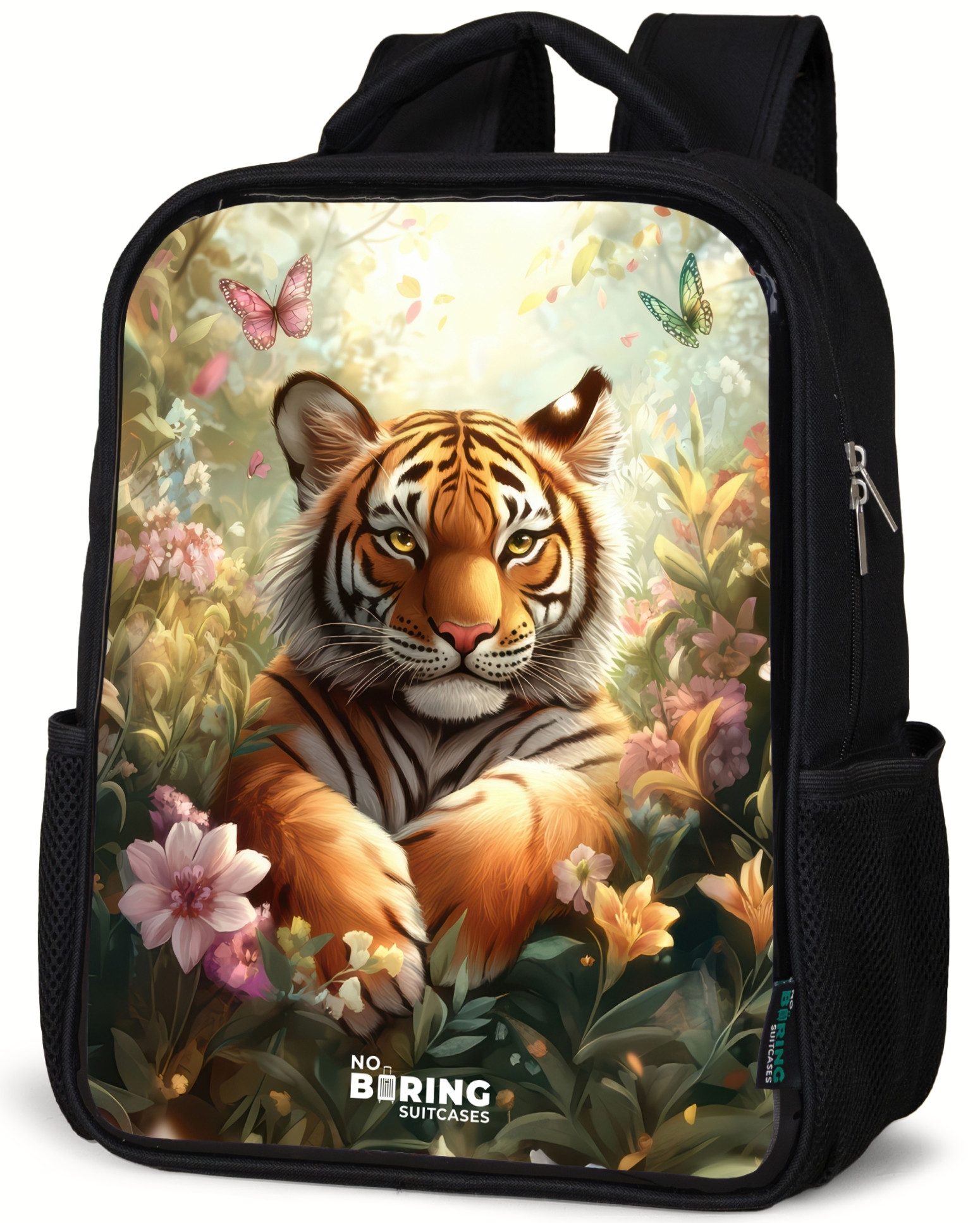 Rucksack Tiger im Blumenfeld mit Schmetterlingen und Sonnenlicht