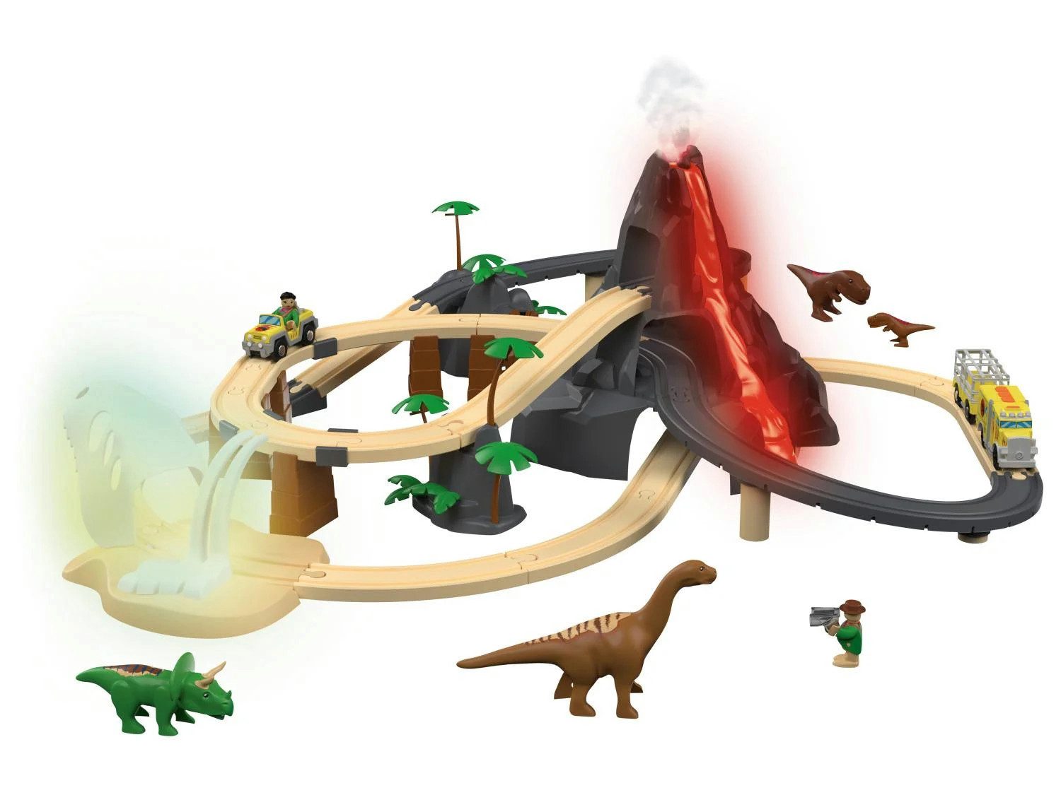 lupilu Spielzeug-Eisenbahn Eisenbahn Holz Spielzeug Licht- & Soundeffekt Dinoland, (Spielset, 49-tlg., 4 Dinosaurier, 2 Spielfiguren, Truck, Vulkan, Schienen), Licht Sound Dampf Glow Dino