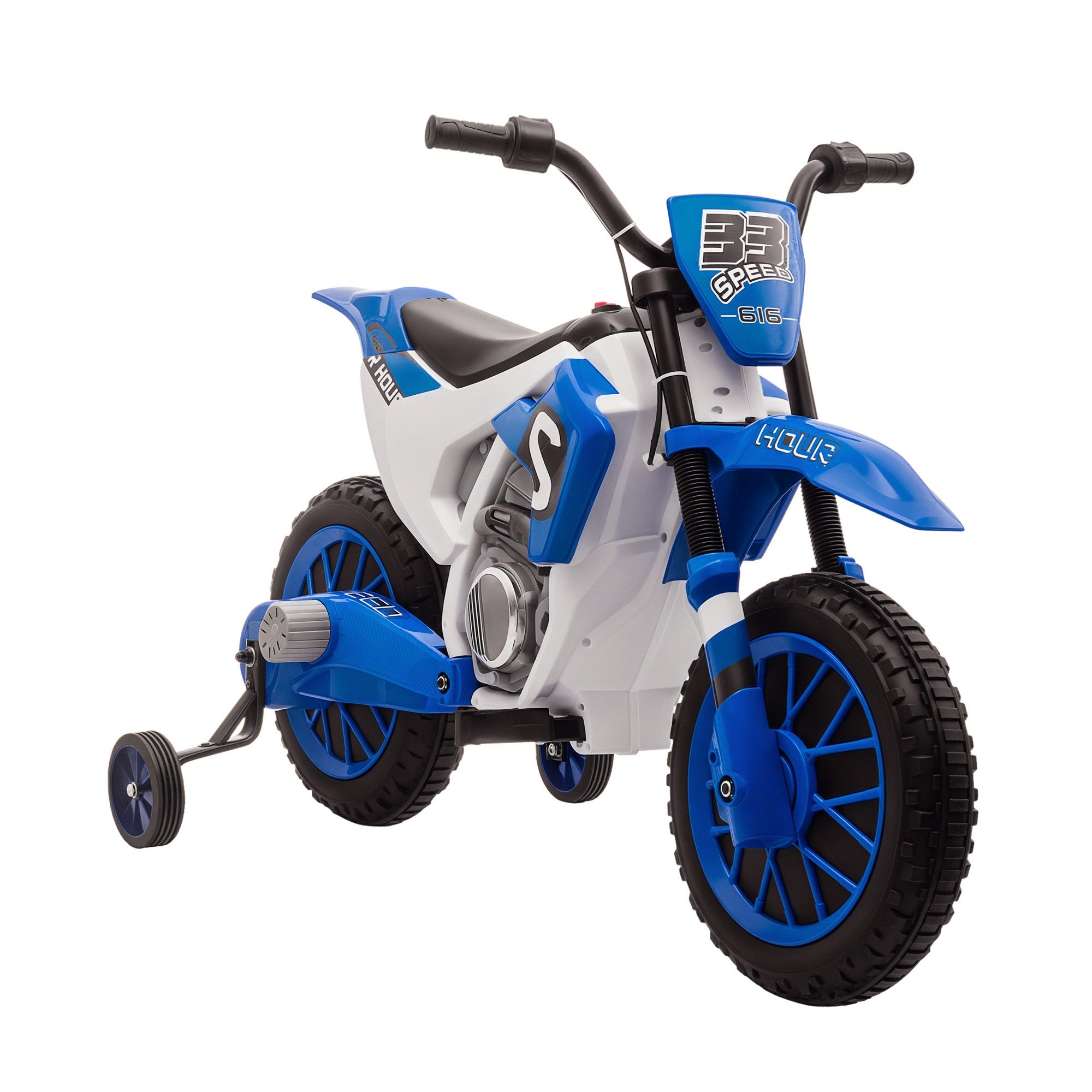 HOMCOM Elektro-Kindermotorrad Elektrofahrzeug mit 2 abnehmbaren Stützrädern ab 3 Jahre Blau+Weiß, Belastbarkeit 30 kg, (1-tlg), 106.5L x 51.5B x 68H cm