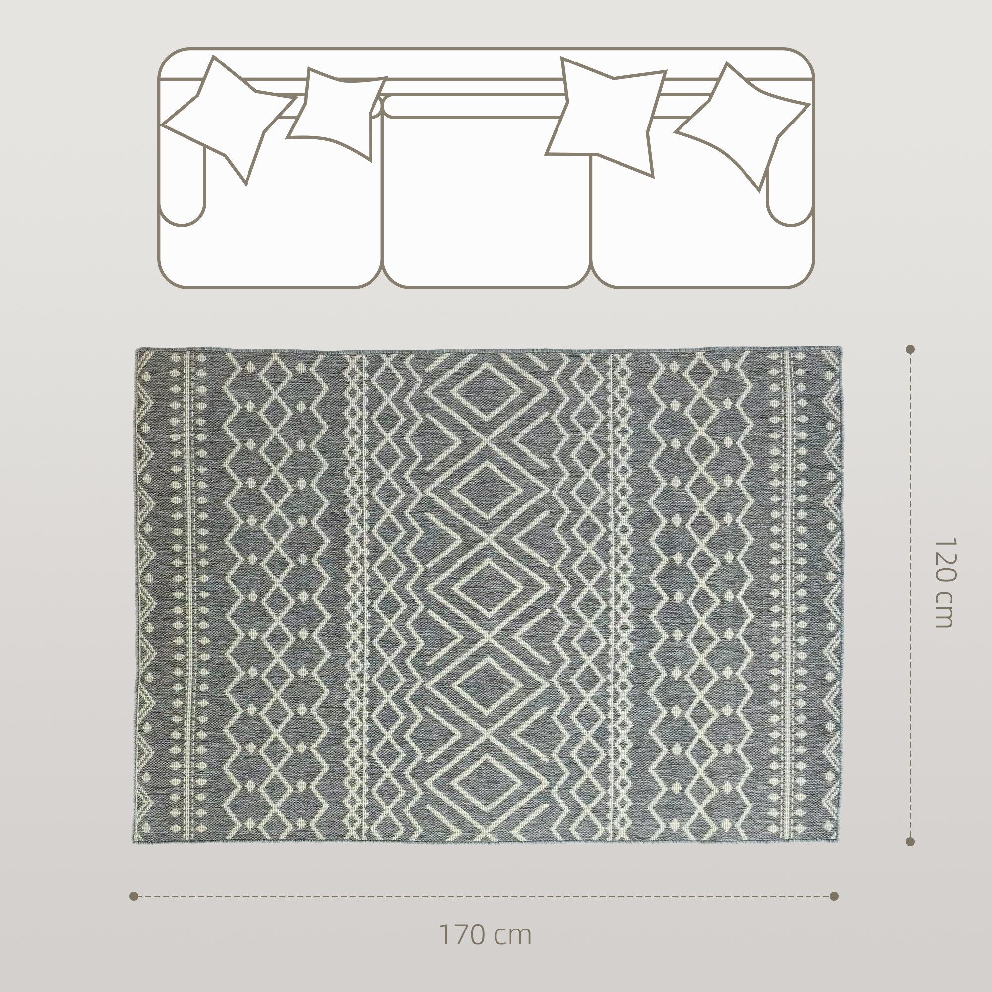 HOMCOM Teppich Bohoteppich, allergikerfreundlicher Bodenteppich für Indoor, Outdoor, Rechteckig, Höhe: 10 mm, 170 x 120 cm, Grau