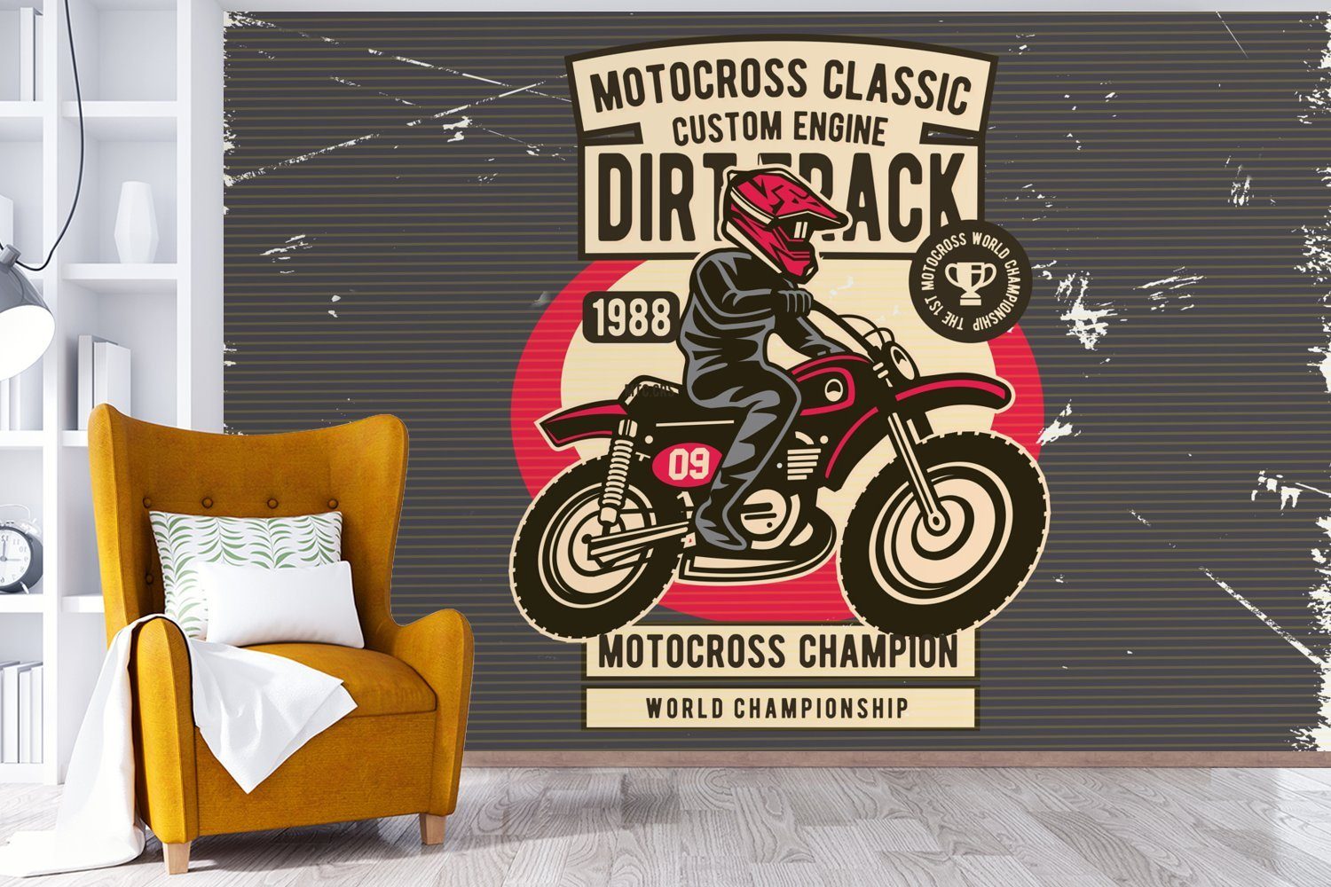 MuchoWow Wallpaper Motorrad - bedruckt, Helm für Fototapete Tapete - Kinderzimmer, (6 Wohnzimmer, Schlafzimmer, - St), Retro Zeichnung, Vinyl Matt,