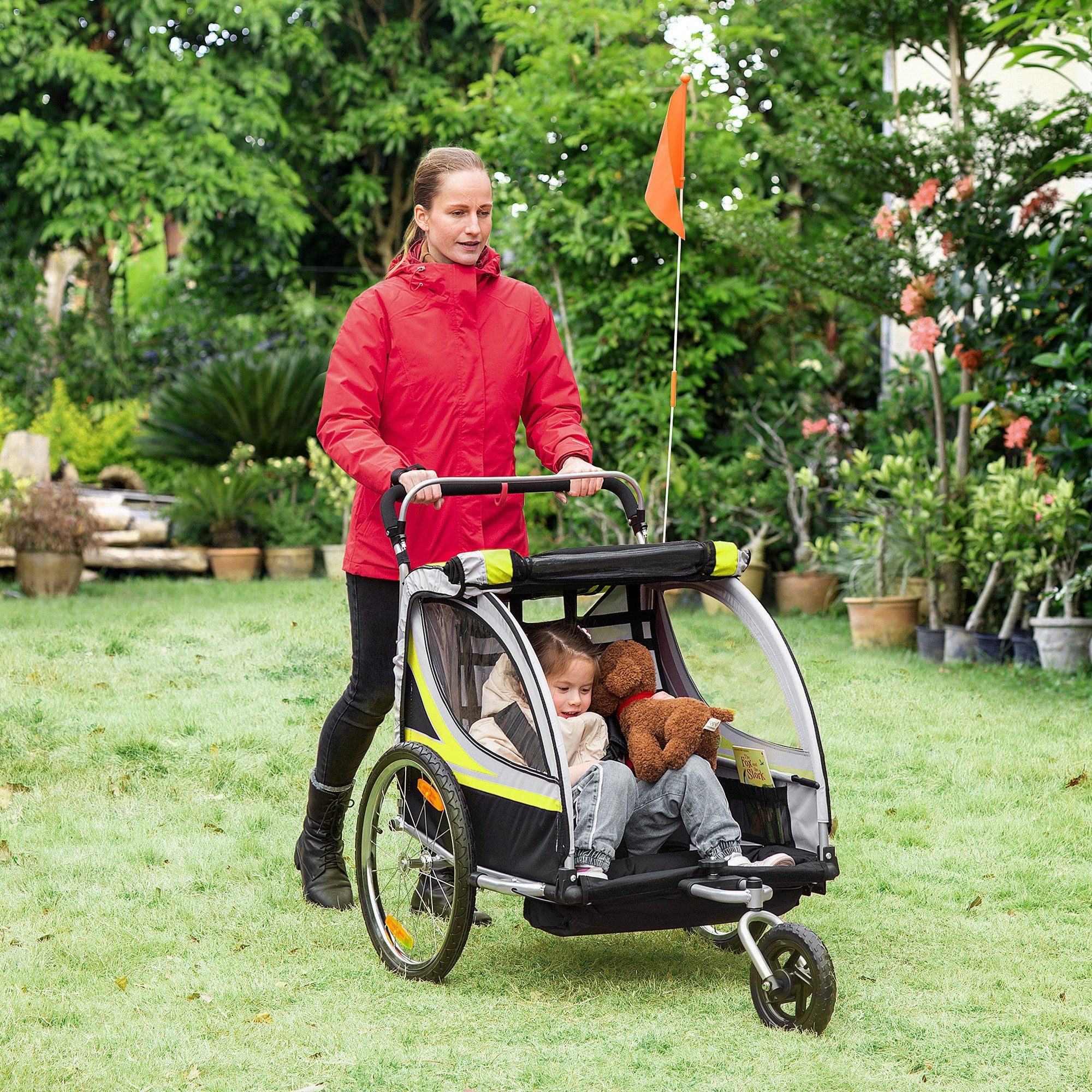 HOMCOM Fahrradkinderanhänger 2 in 1 Fahrradanhänger mit Mesh-Tür, 360° Drehbares Vorderrad, für Garten, Balkon, Gelb+Schwarz