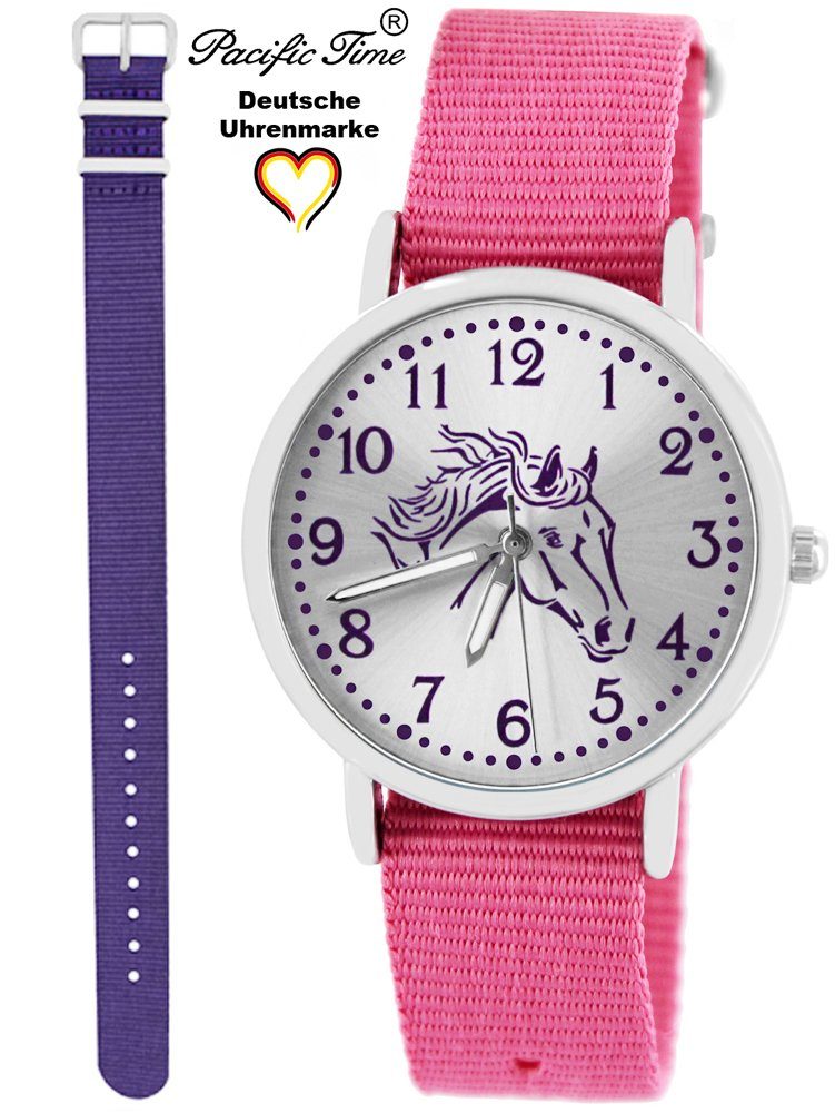 Versand Gratis Kinder Pacific Time Armbanduhr Design Pferd und violett Set Match violett Quarzuhr - Mix Wechselarmband, rosa und