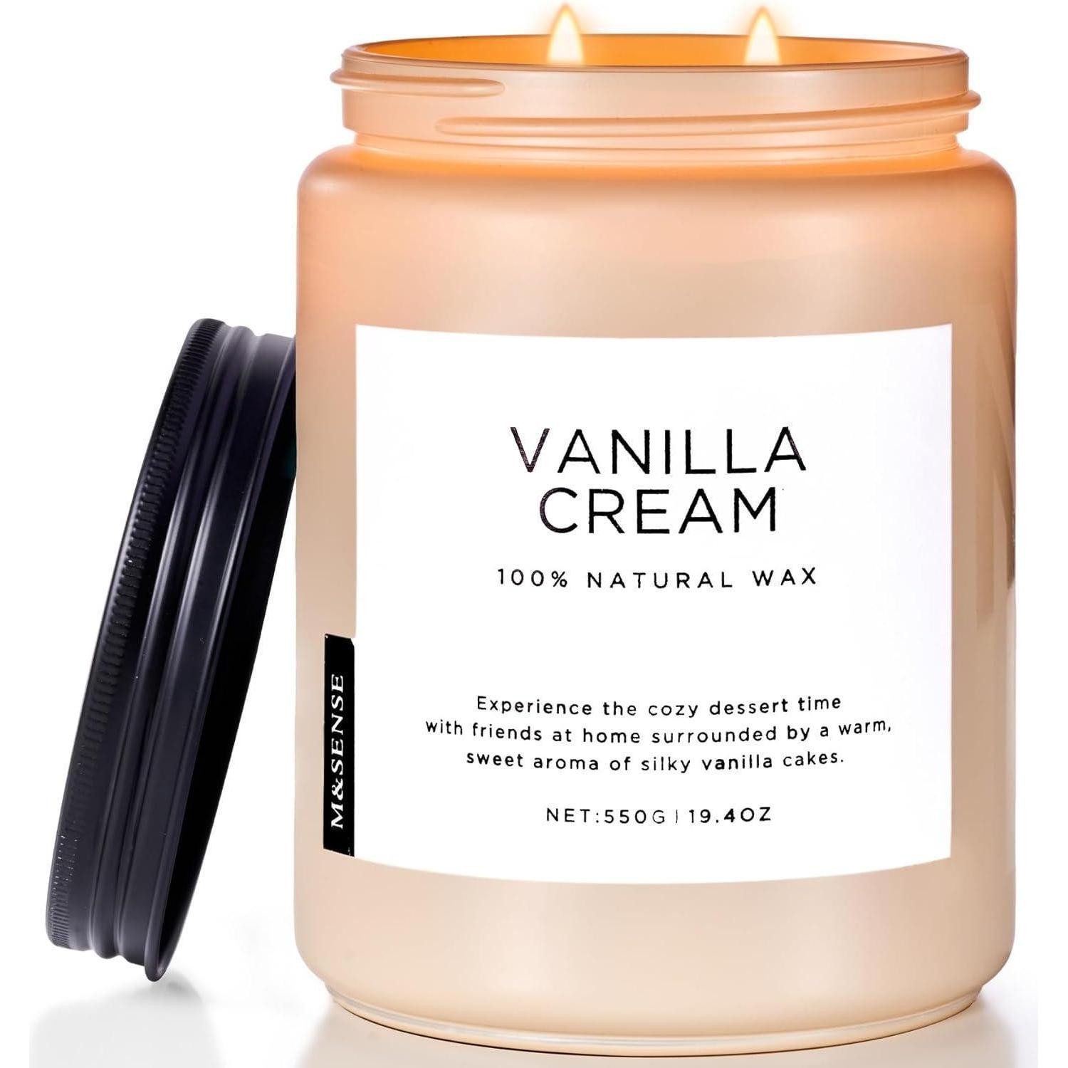 M&SENSE Duftkerze Vanille Soja-Kerze 550g, 2 Wick Jar, Aromatherapie, 110 Stunden