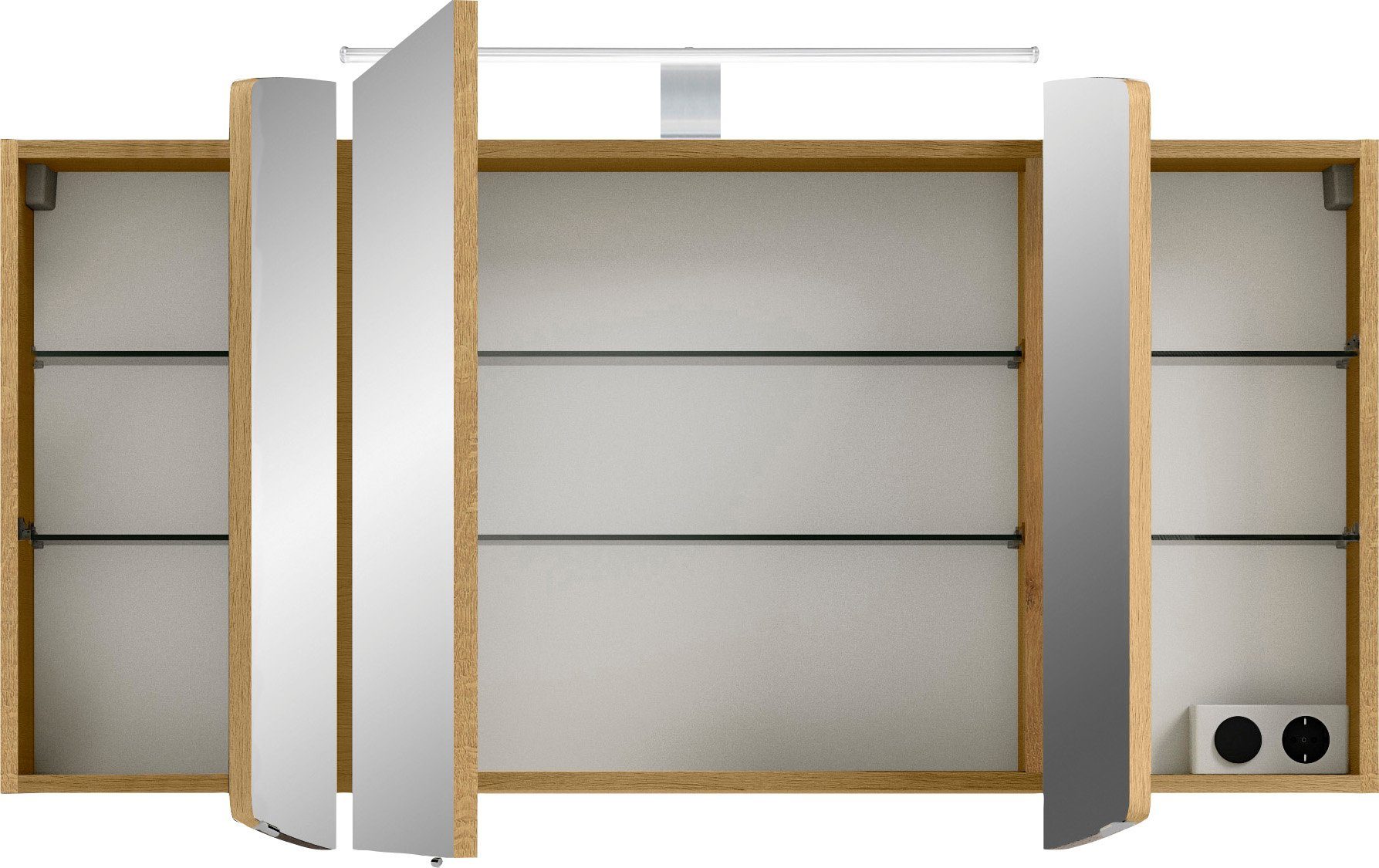 Saphir Spiegelschrank Cassca Sprint Badschrank, 3 Spiegeltüren, 6 Einlegeböden, 120 cm breit inkl. LED-Beleuchtung, Türdämpfer, Schalter-/Steckdosenkombination
