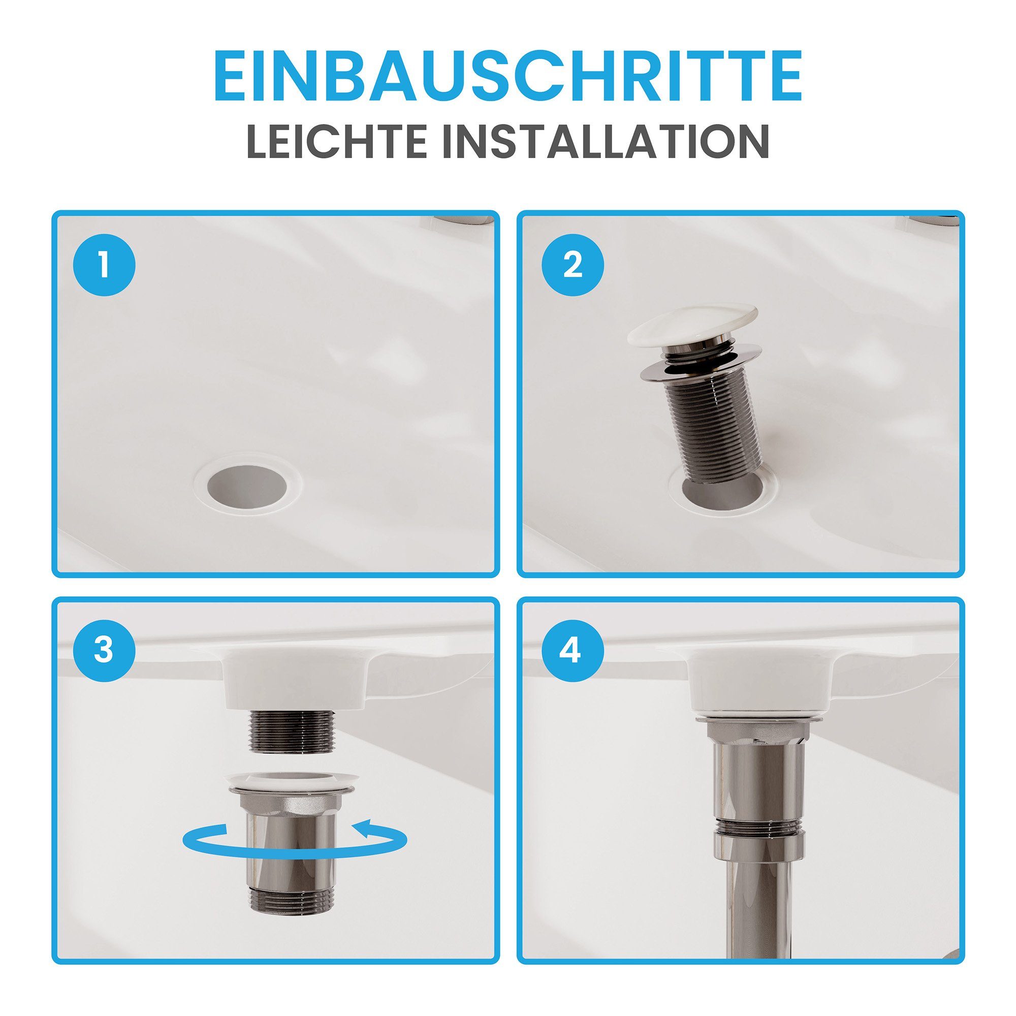 Bächlein Ablaufgarnitur Waschbeckenabfluss Pop Up (Eleganter Keramik Waschbeckenstöpsel) Werkzeugloser Einbau - Click Clack Funktion – Bild 4 von 5