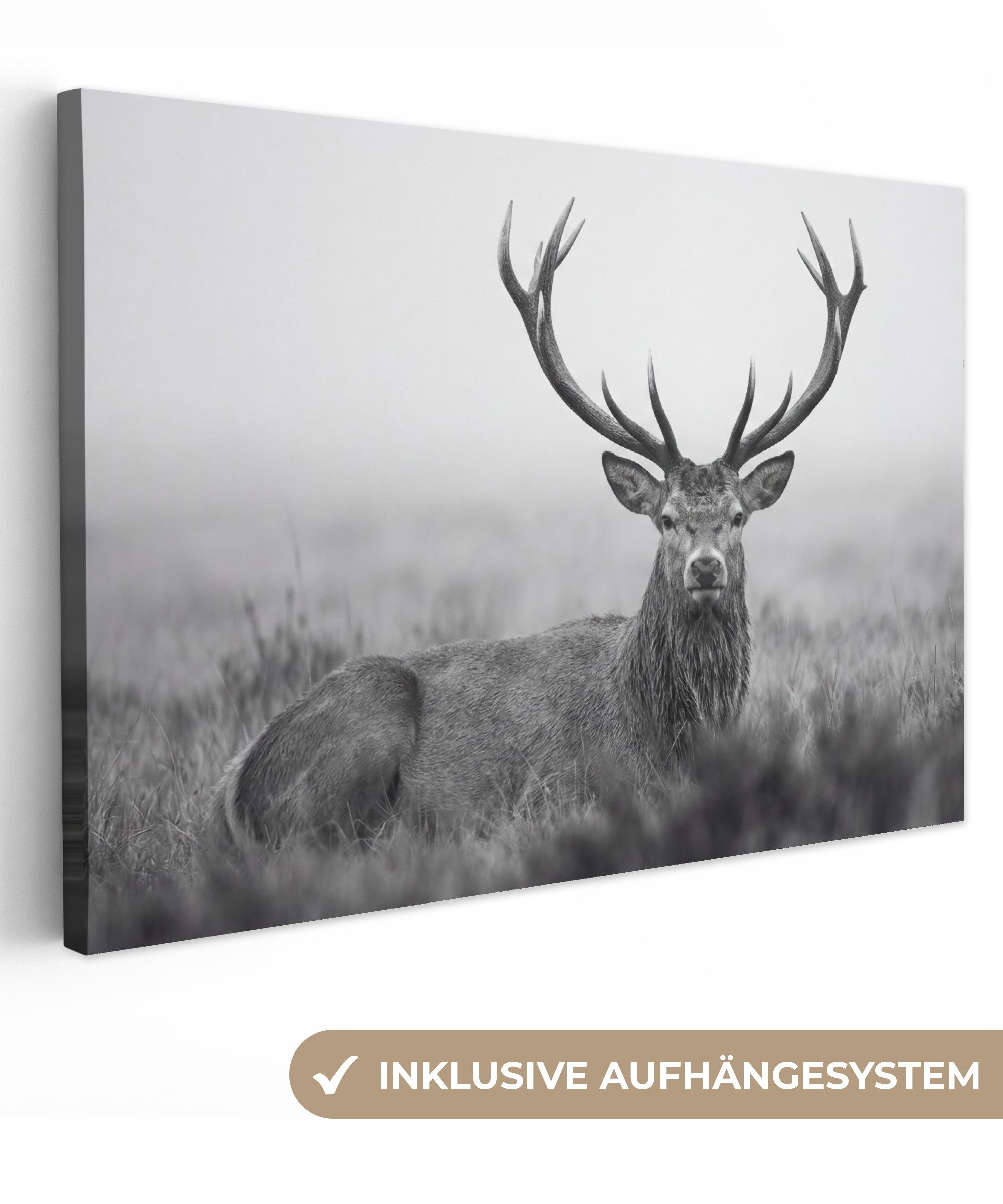 OneMillionCanvasses® Leinwandbild Hirsch - Neblig - Schwarz - Weiß, Fotodruck (1 St), Leinwand Bilder Klein, Wand Dekoration Aesthetic 30x20 cm