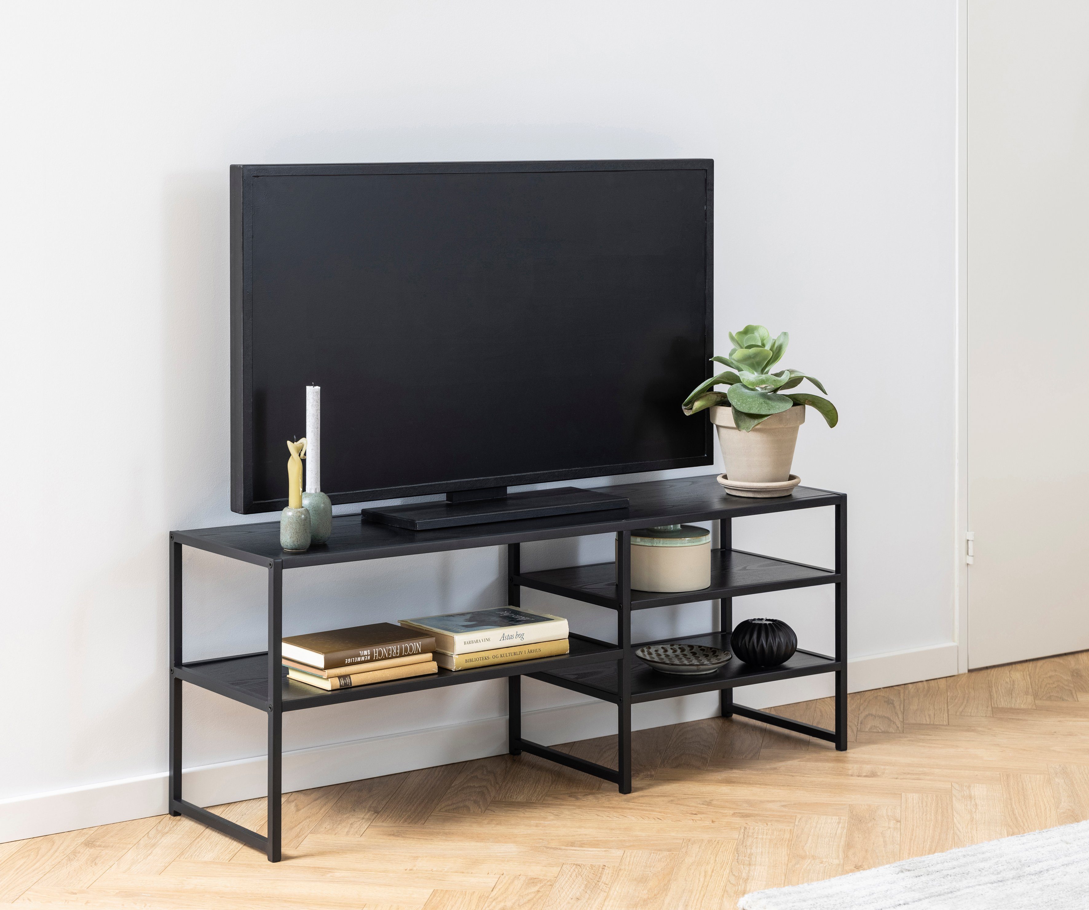 ACTONA GROUP TV-Schrank Metallgestell im Esche matt cm Industrie-Look, 3 120 Breite schwarz schwarz / Einlegeböden