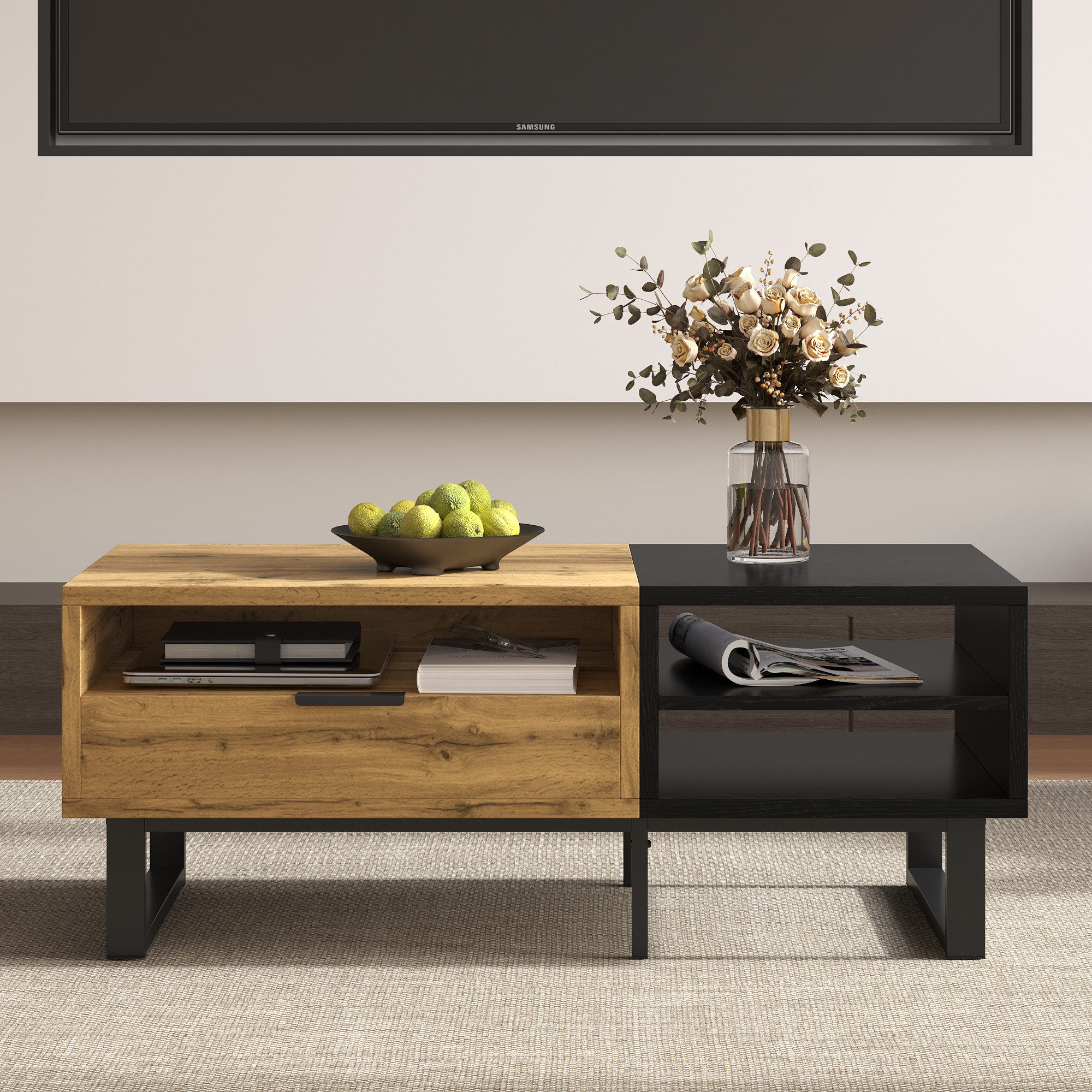 Merax Couchtisch mit Farbblockstruktur und Metallbeine (1-St), Wohnzimmertisch mit Fächern und Schubladen, 100x50x40cm – Bild 3 von 5