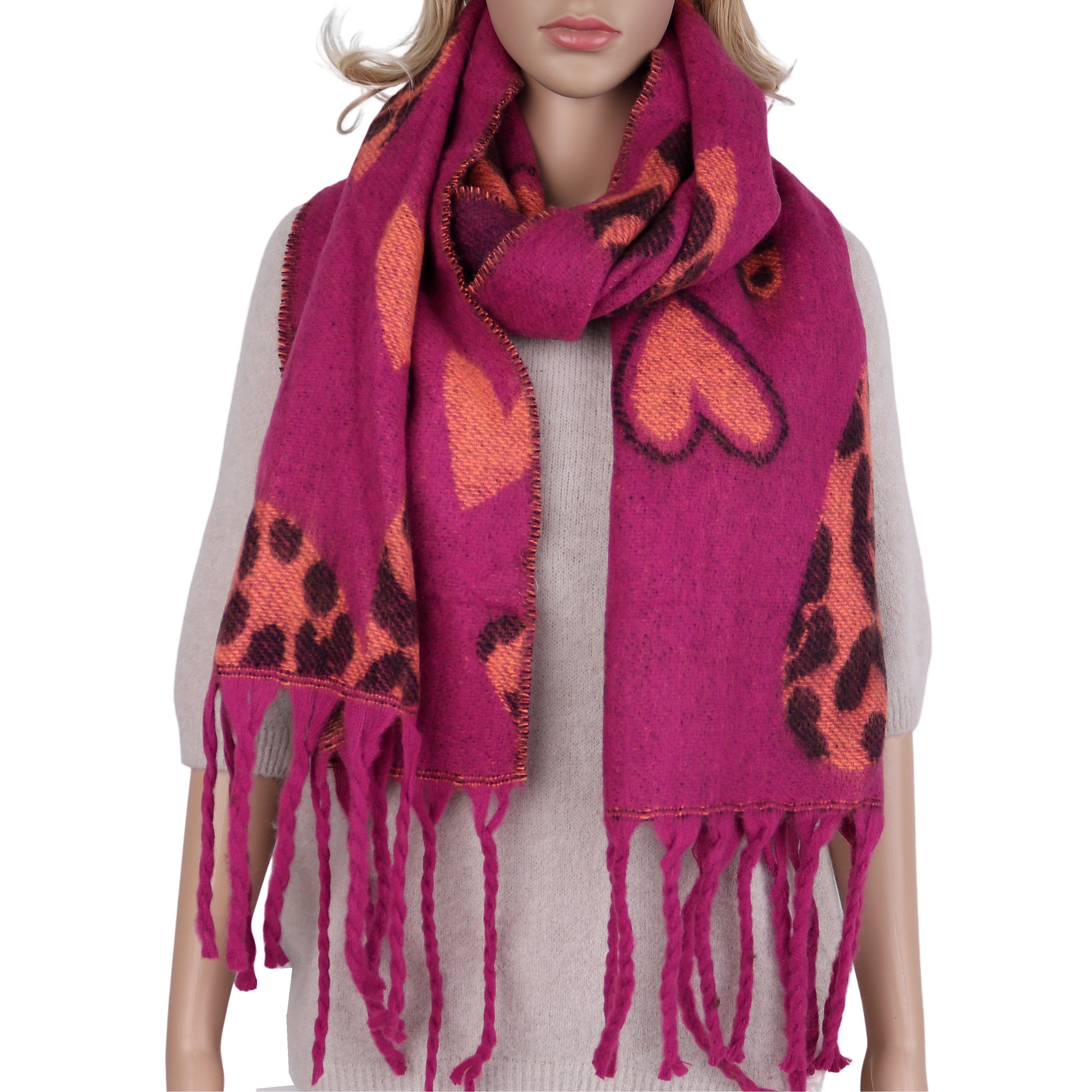 Modeschal weicher und warmer Schal Herzenmotiv mit Fransen, 40 x180cm