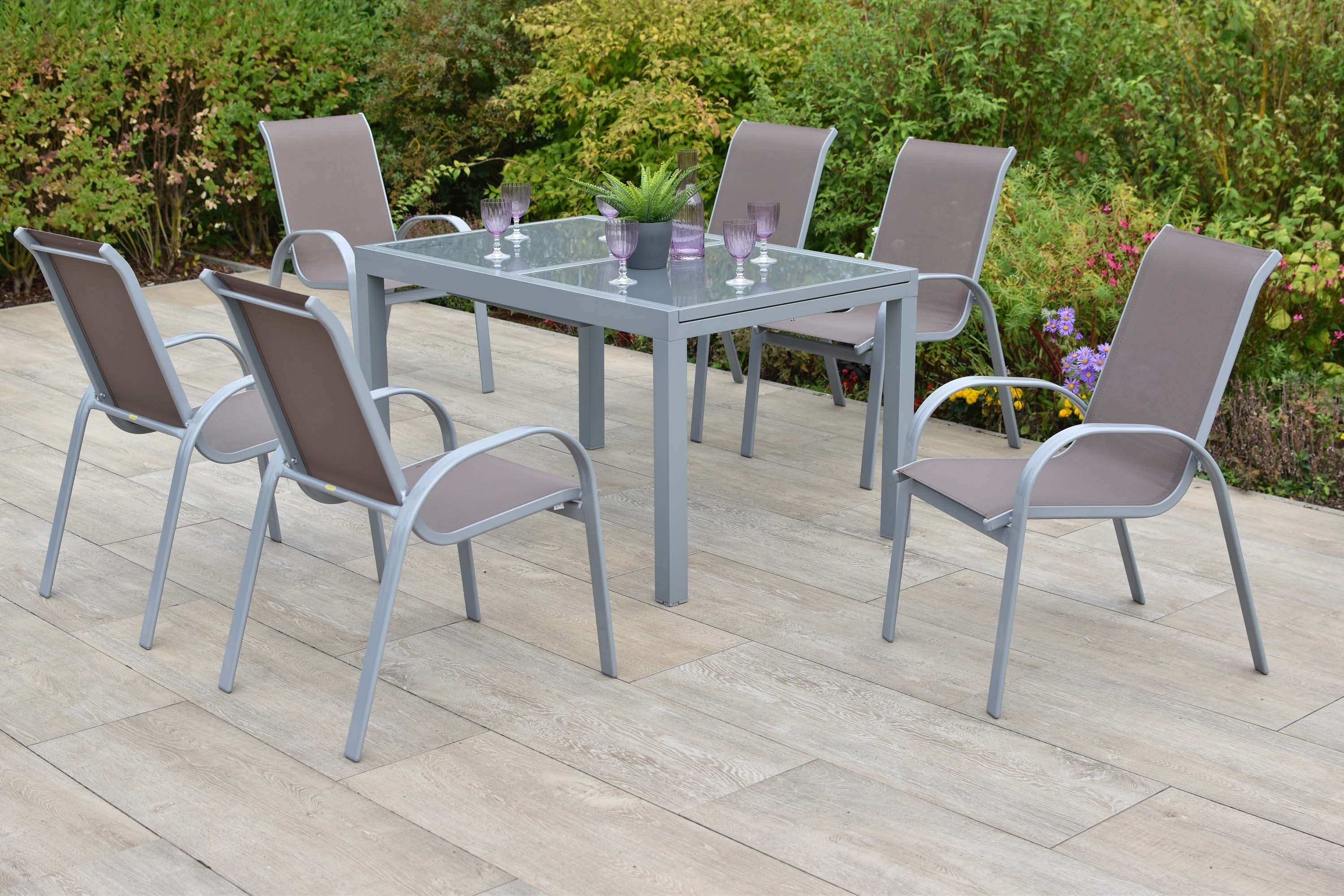 MERXX Garten-Essgruppe Amalfi, (Set, 6 Stapelsessel, 1 Ausziehtisch), 6 Stapelsessel, 1 Ausziehtisch 160 (220) x 90 cm