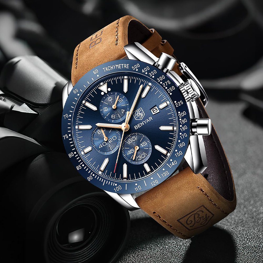 Business Quarz Gold, lässig Blau Uhr leuchtende Armbanduhr Analog Herrenuhren Datum GelldG