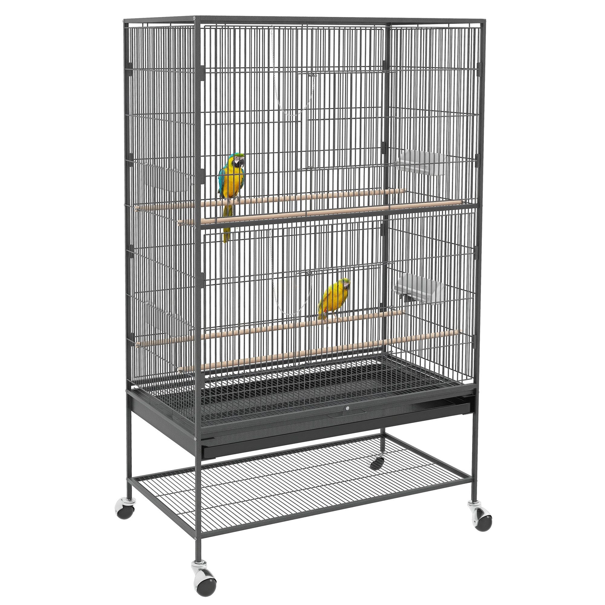 PawHut Vogelkäfig Vogelbauer Vogelvolier mit Ablage, Bodenwanne, Rollen, aus Stahl, 94 x 57 x 153 cm