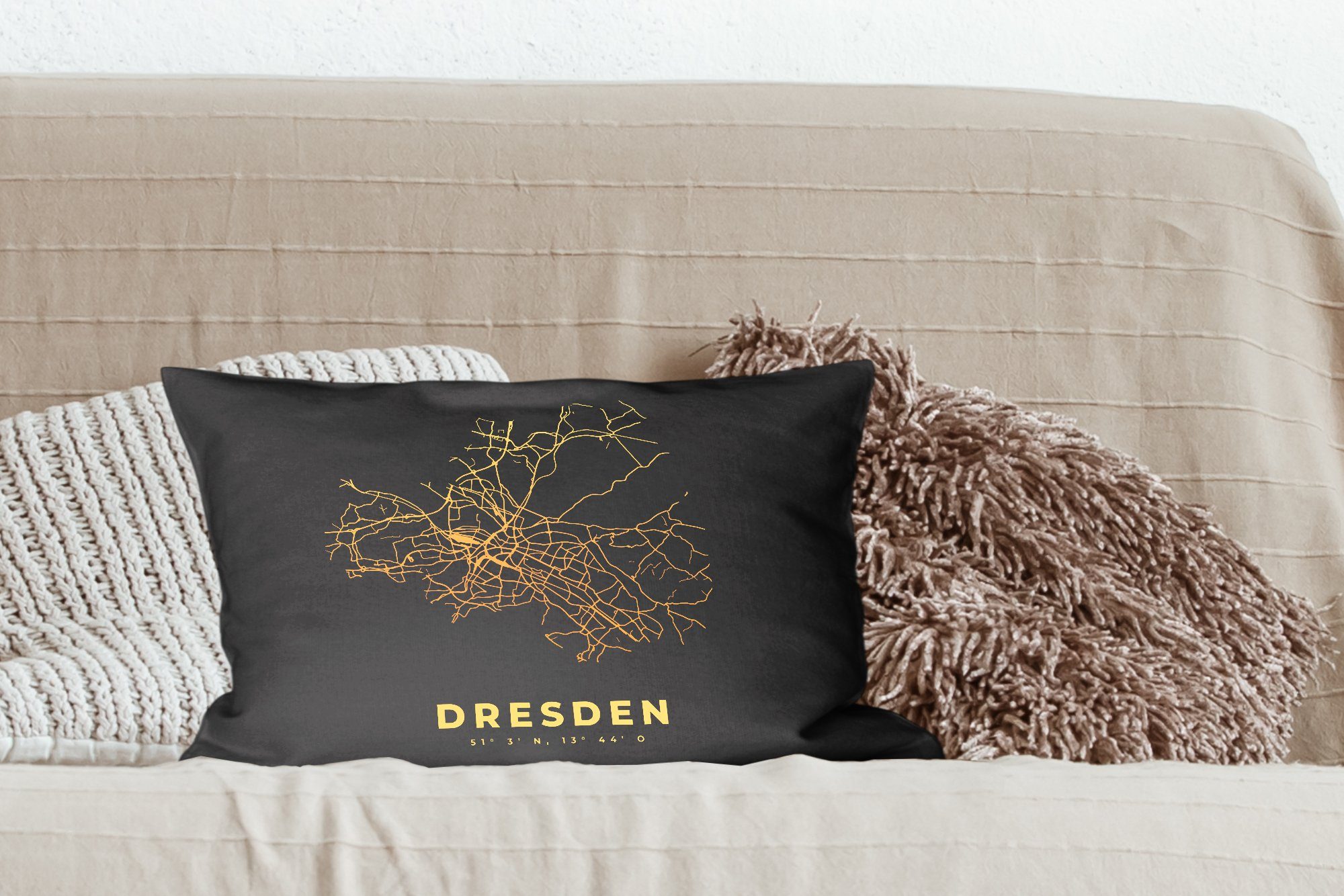 Füllung, mit Wohzimmer Karte, - Dekoration, Dekokissen Schlafzimmer Gold Stadtplan Dresden - Zierkissen, - MuchoWow Dekokissen