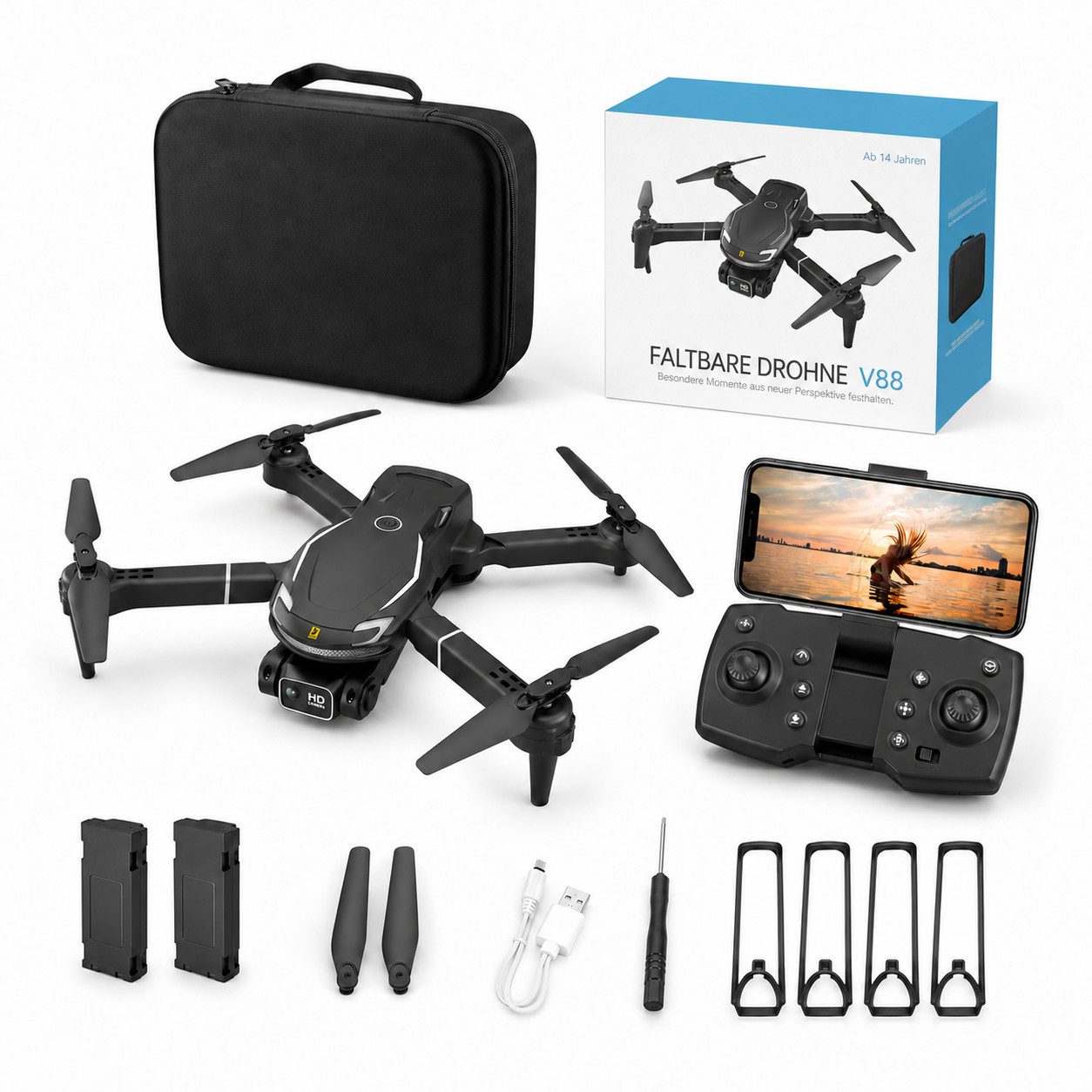 Lisabonde Faltbare Drohne mit Kamera 8K HD Live-Übertragung 2 Akkus Quadrocopter (4K HD / 1080P, Einsteiger-Set / Komplettset, Set inklusive 2 Akkus und Transporttasche, 8K Dualkamera, 50x Zoom, Gestensteuerung, 360°-Flip,Höhenhaltung)
