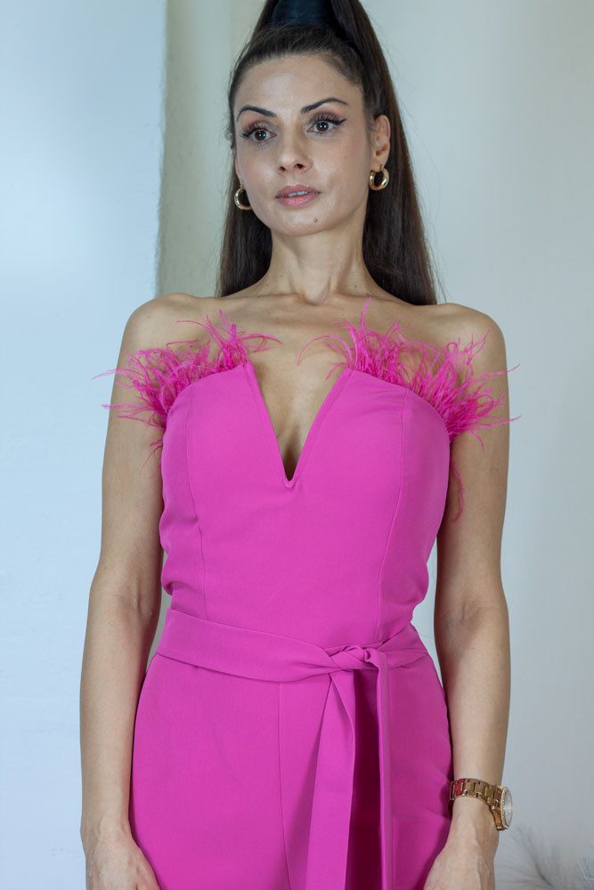 Lelü Fashion Jumpsuit Jumpsuit mit Federn Kunstfederbesatz, mit abnehmbaren Taillengürtel