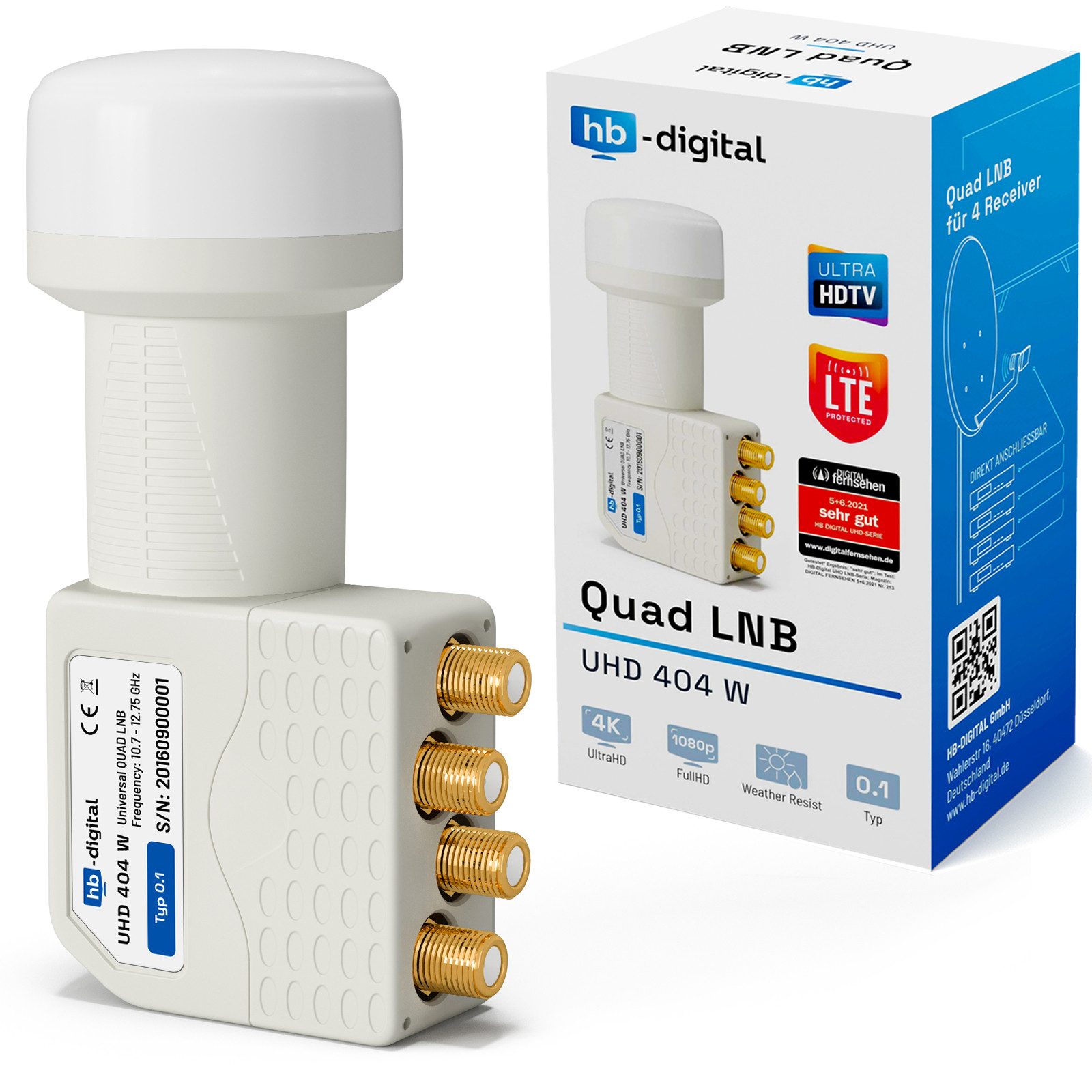 HB-DIGITAL LNB Quad UHD 404 W für 4 Teilnehmer Hitze- und Kältebeständigkeit LTE Universal-Single-LNB (für 4 Teilnehmer, Die vergoldeten F-Anschlüsse für noch bessere Signalübertragung)