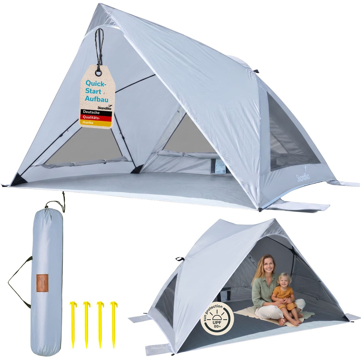 Skandika Strandmuschel Selka Quick-Start, Strandzelt ultraleicht, UV-Schutz 80+, Windschutz, (Maße 148 × 210 × 120 cm, Fenster mit Moskitonetz und Verdunkelung), Sandtaschen, Sonnenschutz, Sichtschutz, Pop-Up-System, Sandheringe