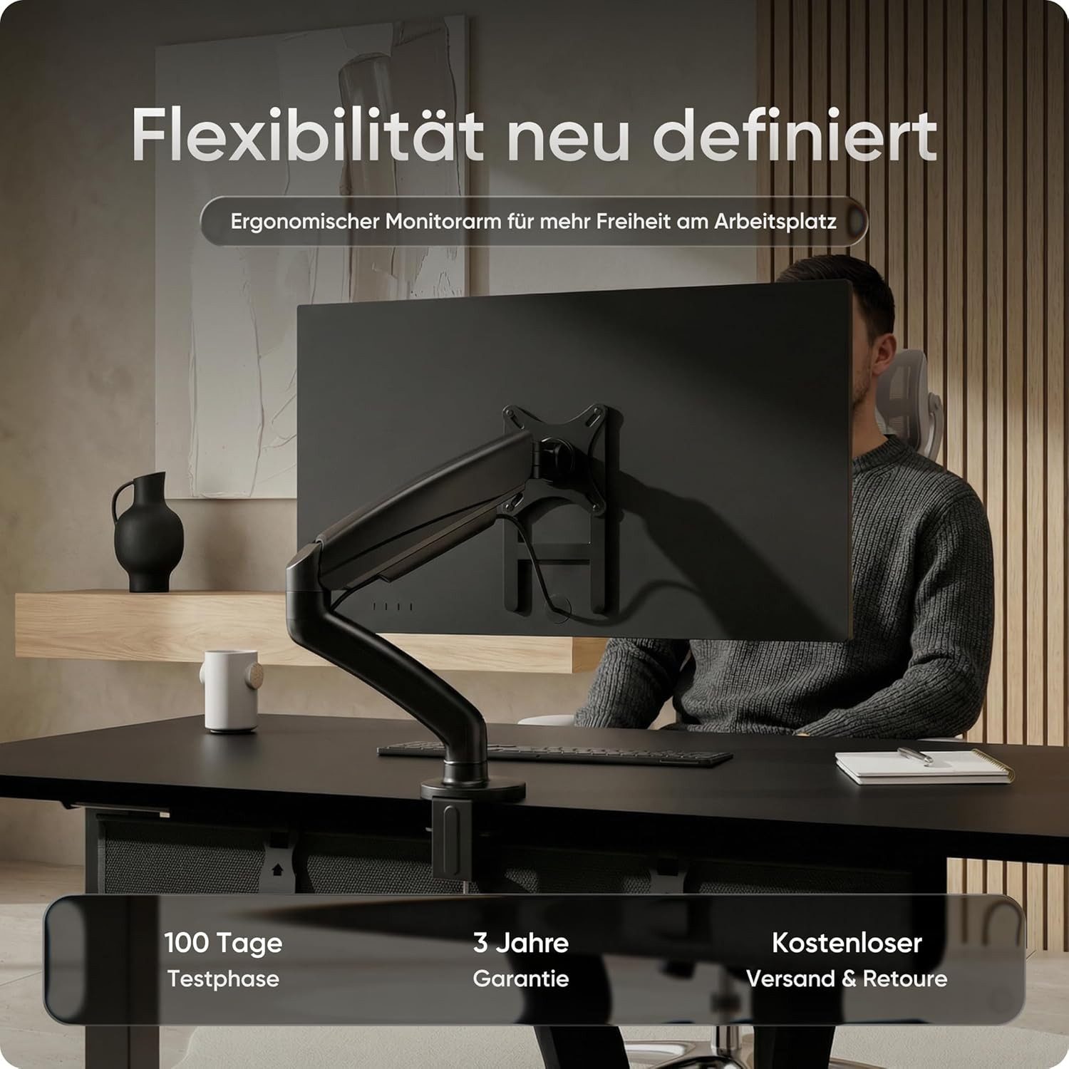 DESKSPACE Monitor-Halterung Monitor Arm für 1 Monitor - Flach- & Curved - Gasfeder bis 9 kg, (bis 23 Zoll, 360° Schwenk-, 90° neig- und 180° drehbar, VESA 75/100 mm)