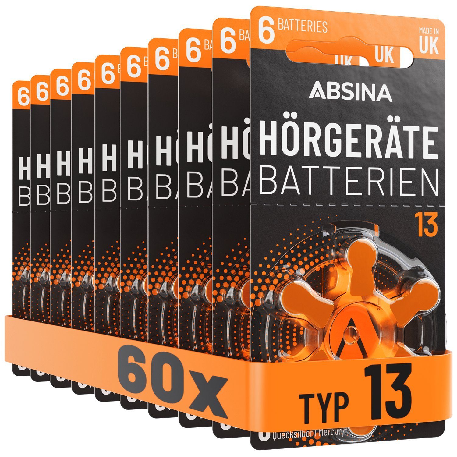 ABSINA 60x Hörgerätebatterien 13 - Hörgeräte Batterien orange 13 PR48 ZL2 P13 Knopfzelle, (10 St)