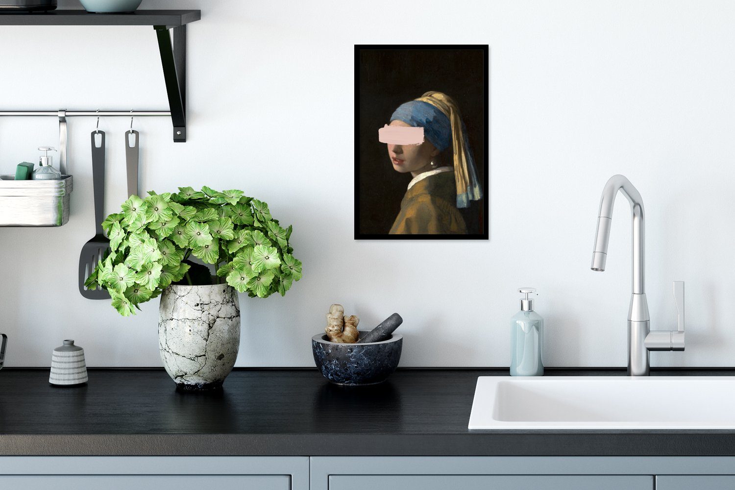 MuchoWow Poster Mädchen Johannes Vermeer - Perlenohrring Gerahmtes St), mit Wandposter, - Bilderrahmen Poster, Bilder, Pastell, Schwarzem (1 Wanddeko