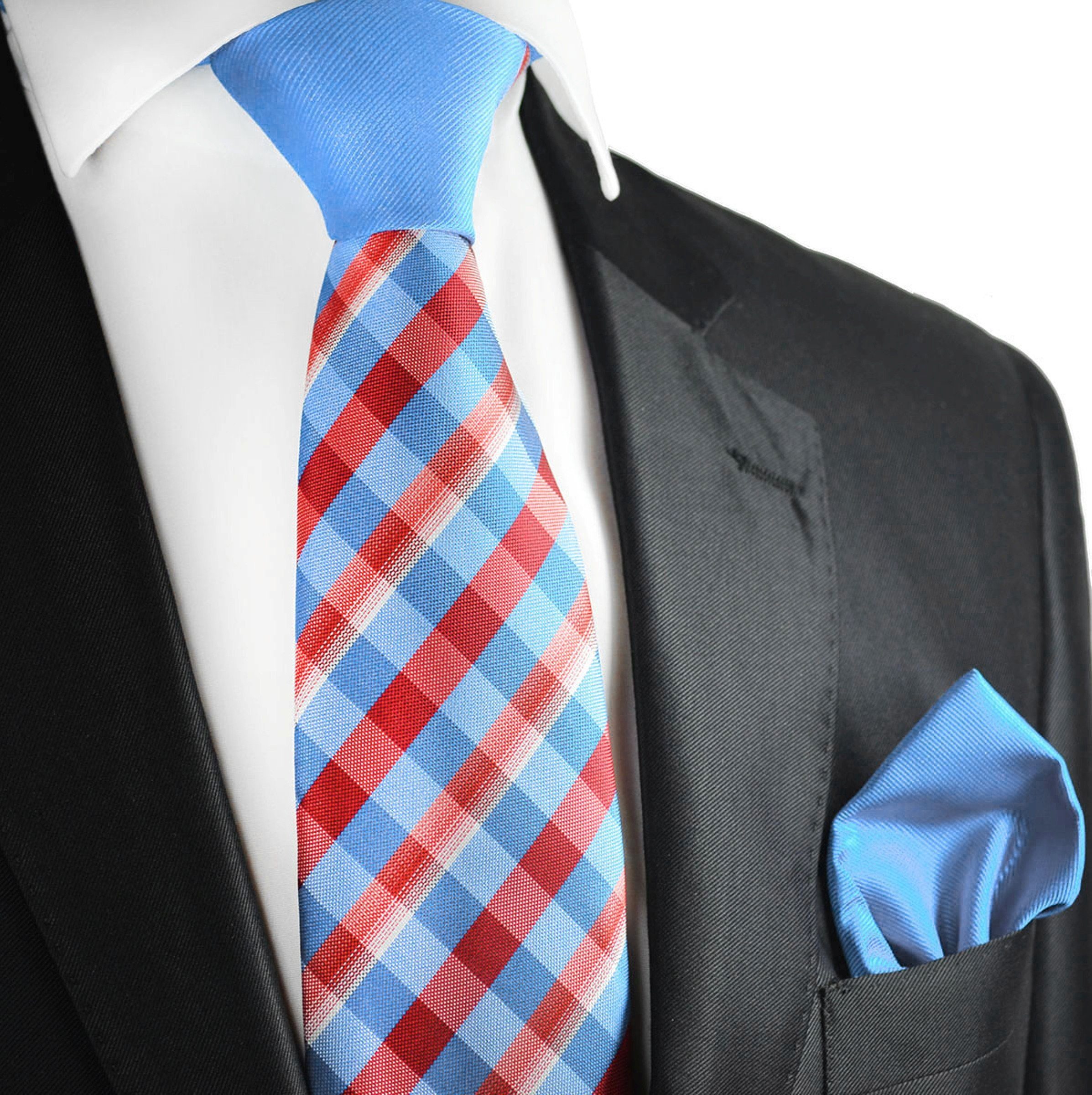 (Set, Schottenmuster Malone 2-St) mit blau P2 Kontrastknoten Krawatte Einstecktuch rot Paul hellblau Krawatte kariert