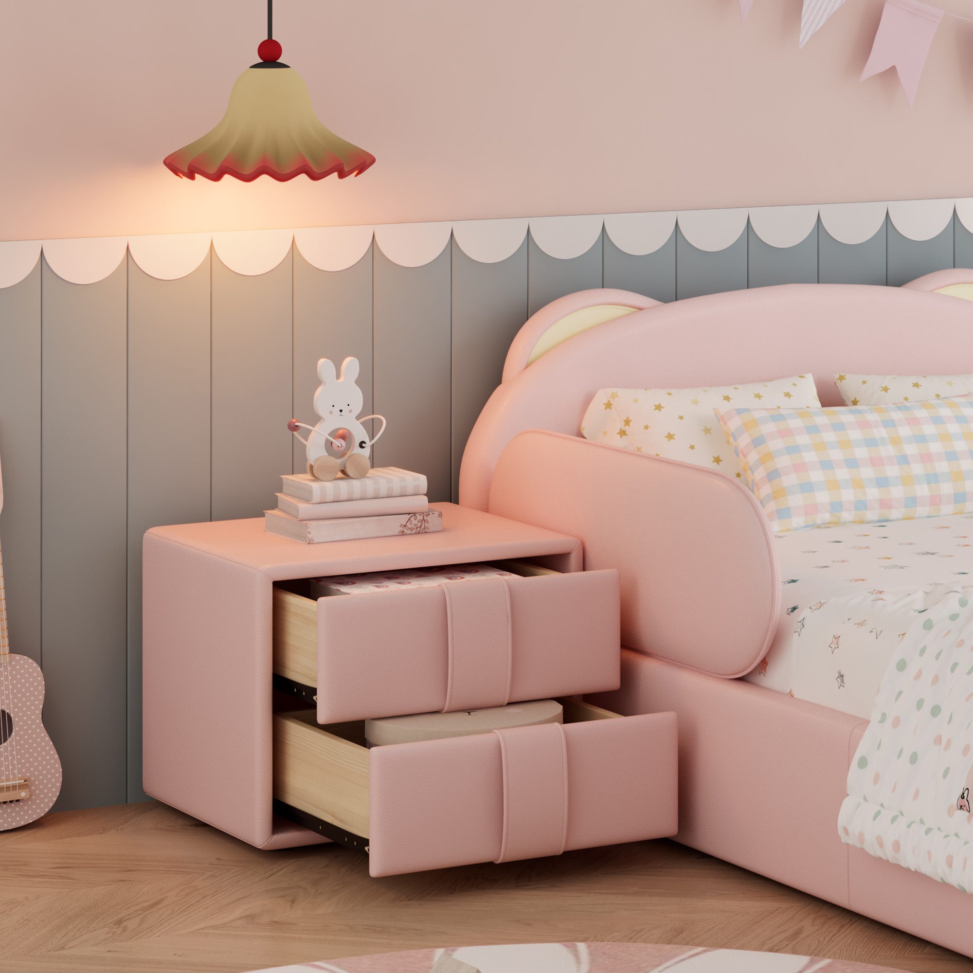 Flieks Polsterbett, Kinderbett Einzelbett 90x200cm Bärenform-Kopfteil mit Nachttisch