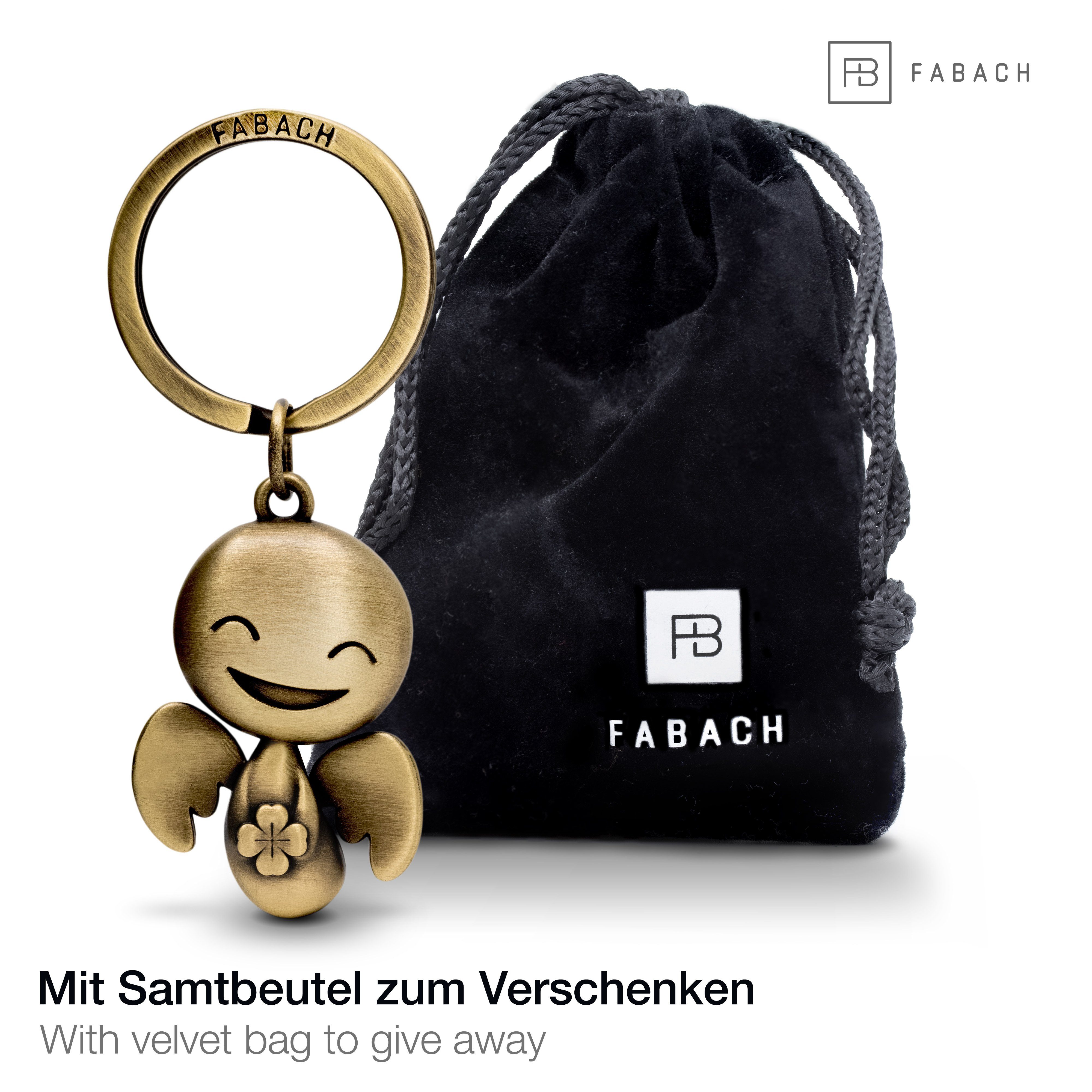 FABACH Schlüsselanhänger Schutzengel Happy mit Viel - Bronze Geschenk - Glück Antique Glücksbringer Kleeblatt