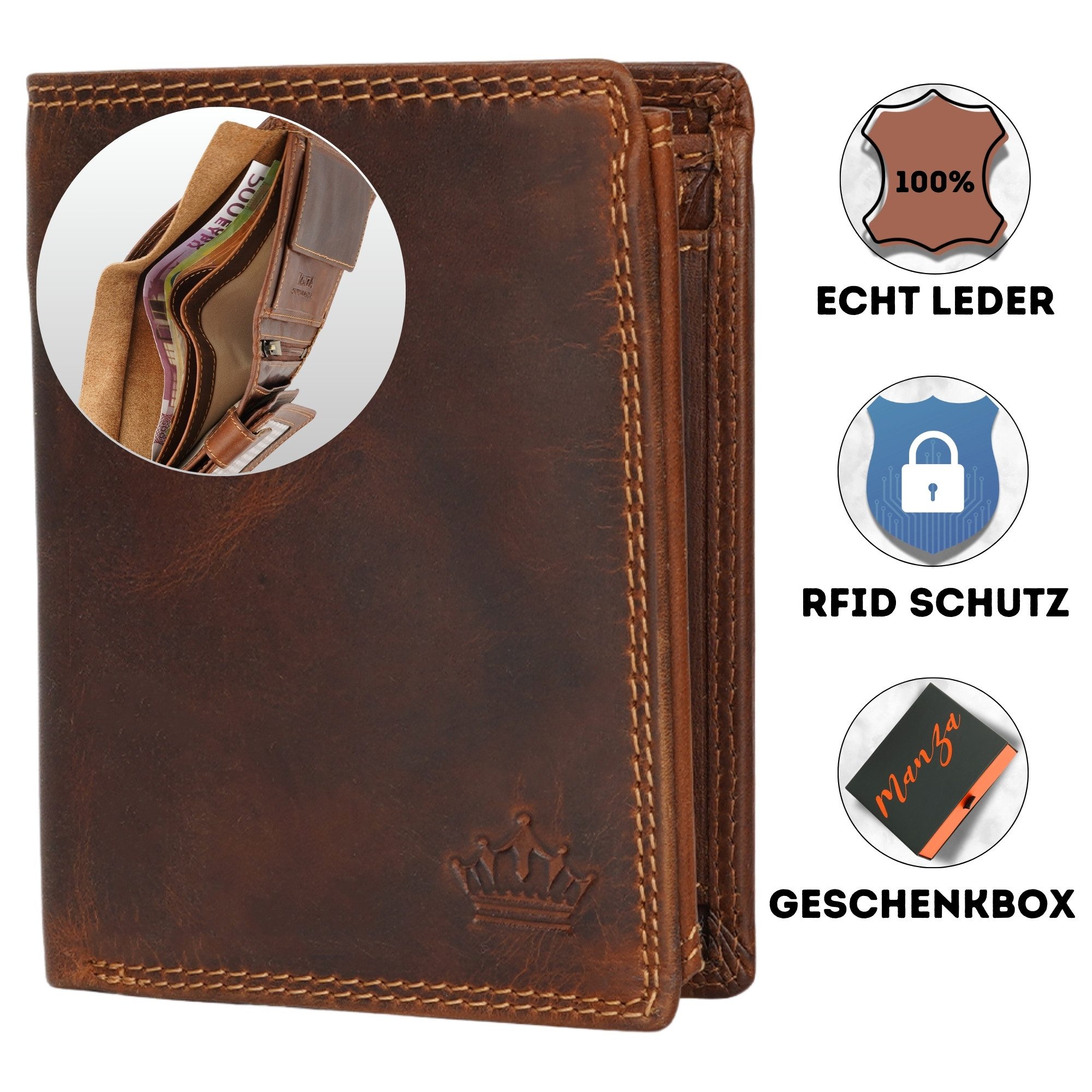 Manza Geldbörse Geldbörse Herren Schwarz mit RFID, Geheimfach und Geschenkbox, Geschenkbox, Geheimfach und RFID Blocker, Hochwertiges Nappa Leder