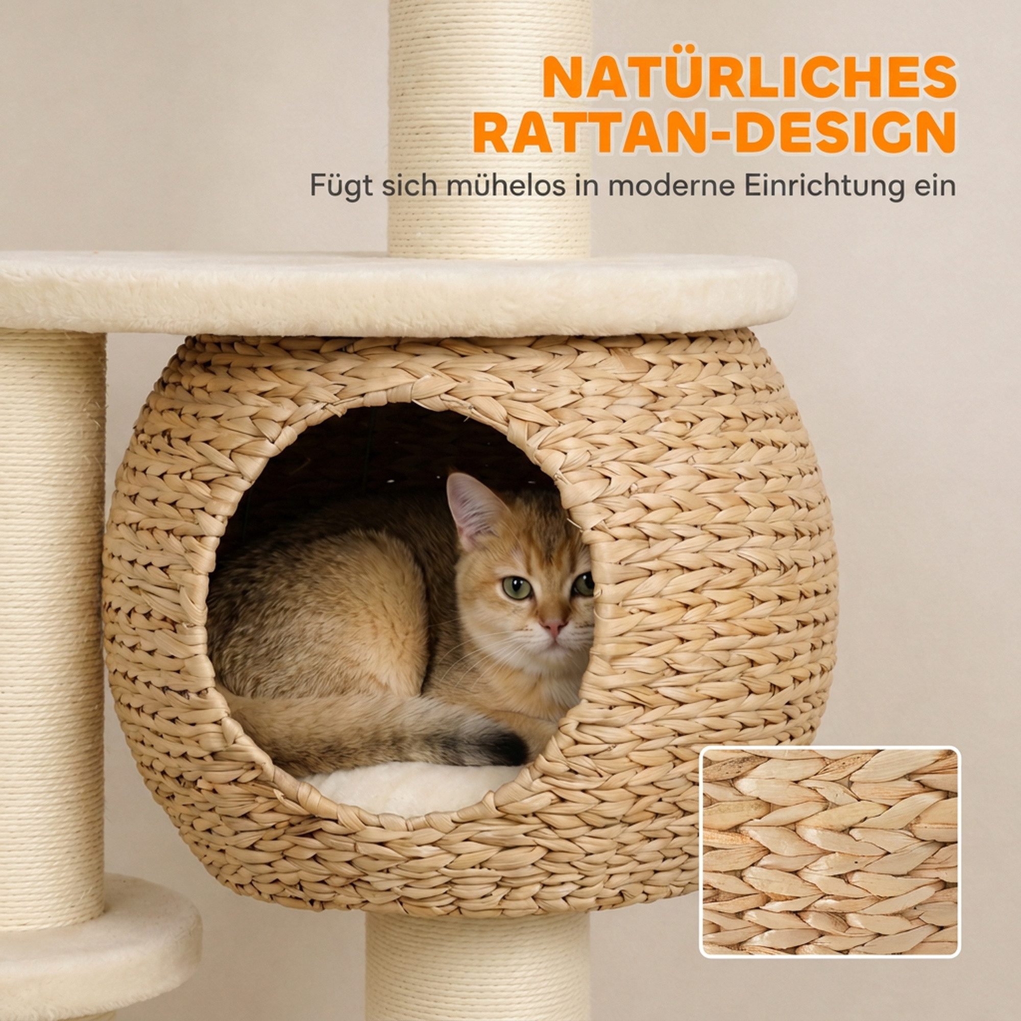 PawHut Kratzbaum Katzenbaum 132 cm hoch mit 3 Spielbällen und Kippschutz Beige, 4 Ebenen, Höhle, 3 Sisalstämme – Bild 5 von 5