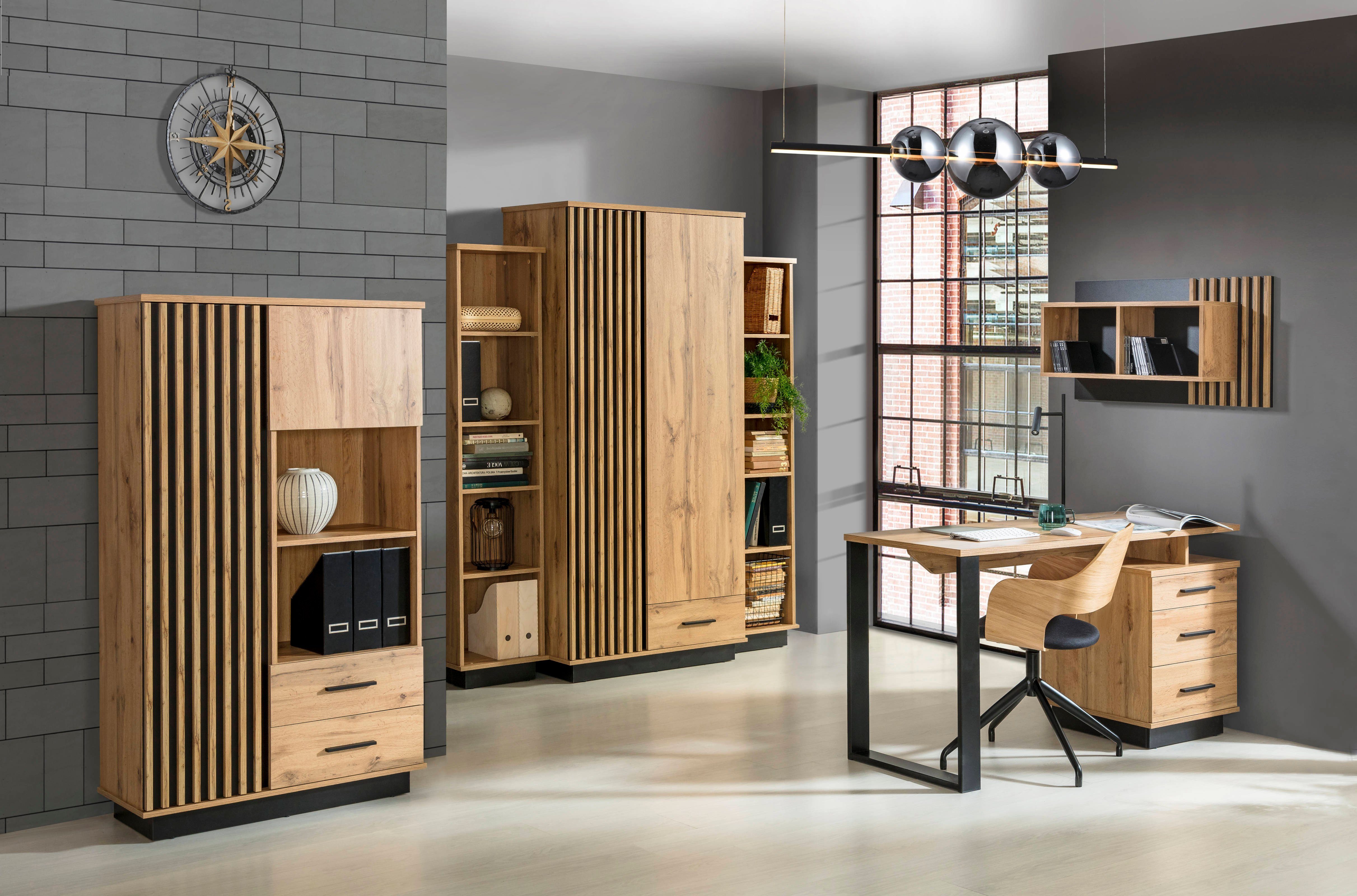 möbel-direkt.de Büromöbel-Set Lamelo in Eiche Wotan und Schwarz matt, (Komplett Set, 6-tlg., in verschiedenen Zusammenstellungen wählbar), ABS laminiert