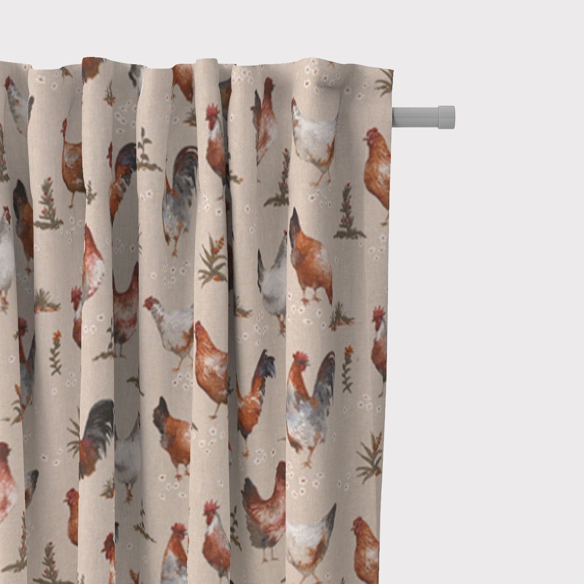 SCHÖNER LEBEN. Vorhang Gardine Chicken Farm Hühner natur braun 245cm, Smokband, blickdicht, Kunstfaser, handmade
